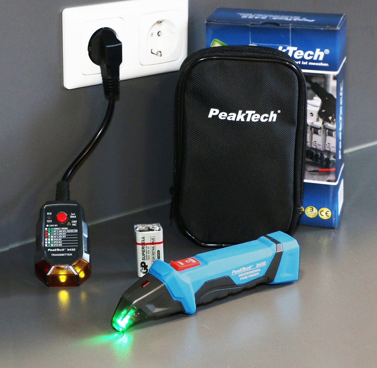 Sender/Empfänger Leitungsortungsgerät PeakTech 3432 + - Sicherungsfinder/Stromkreisdetektor PeakTech