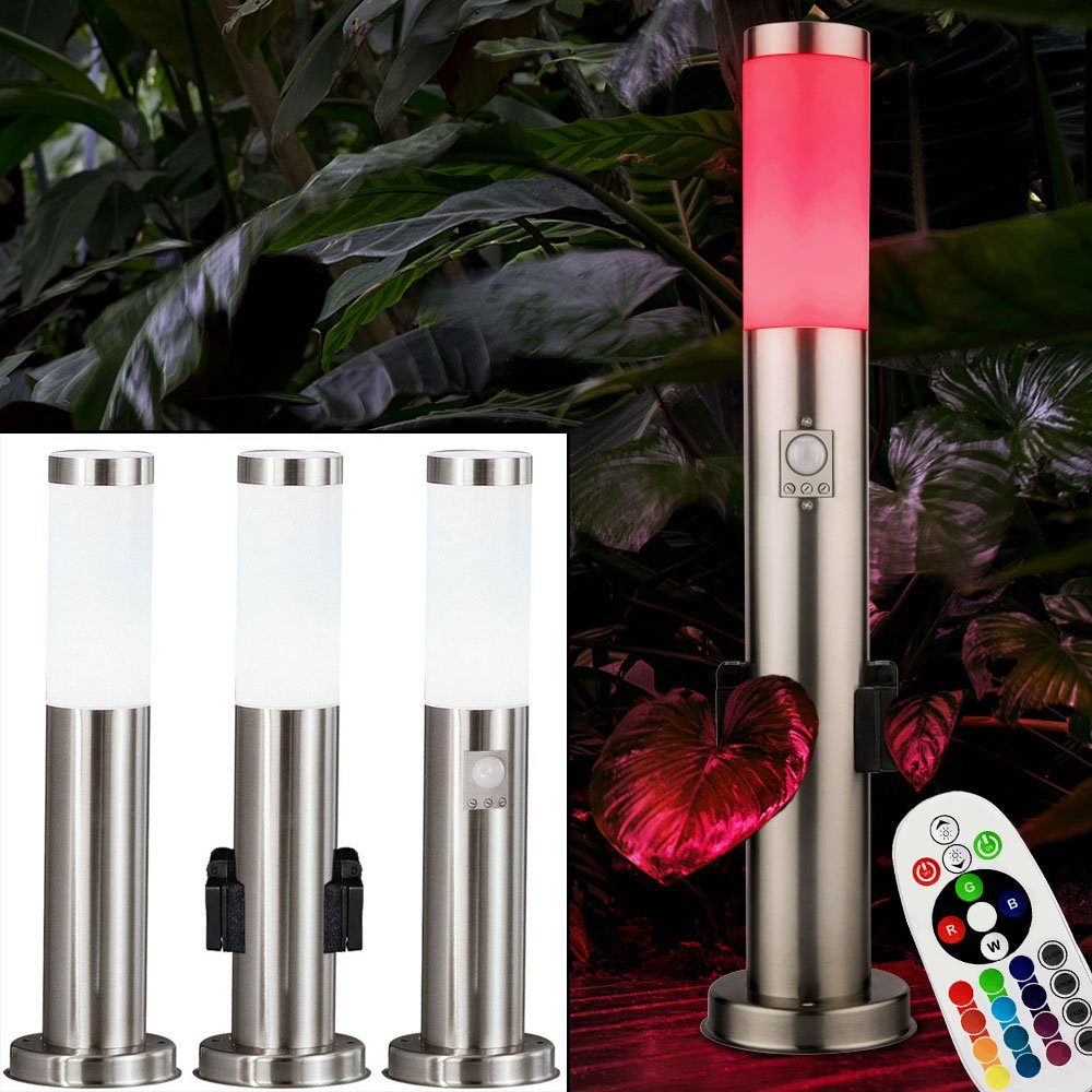 etc-shop LED Außen-Stehlampe, RGB LED Steckdosen Sockel silber mit - Sockelleuchte Lampe Edelstahl Steckdosen FERNBEDIENUNG