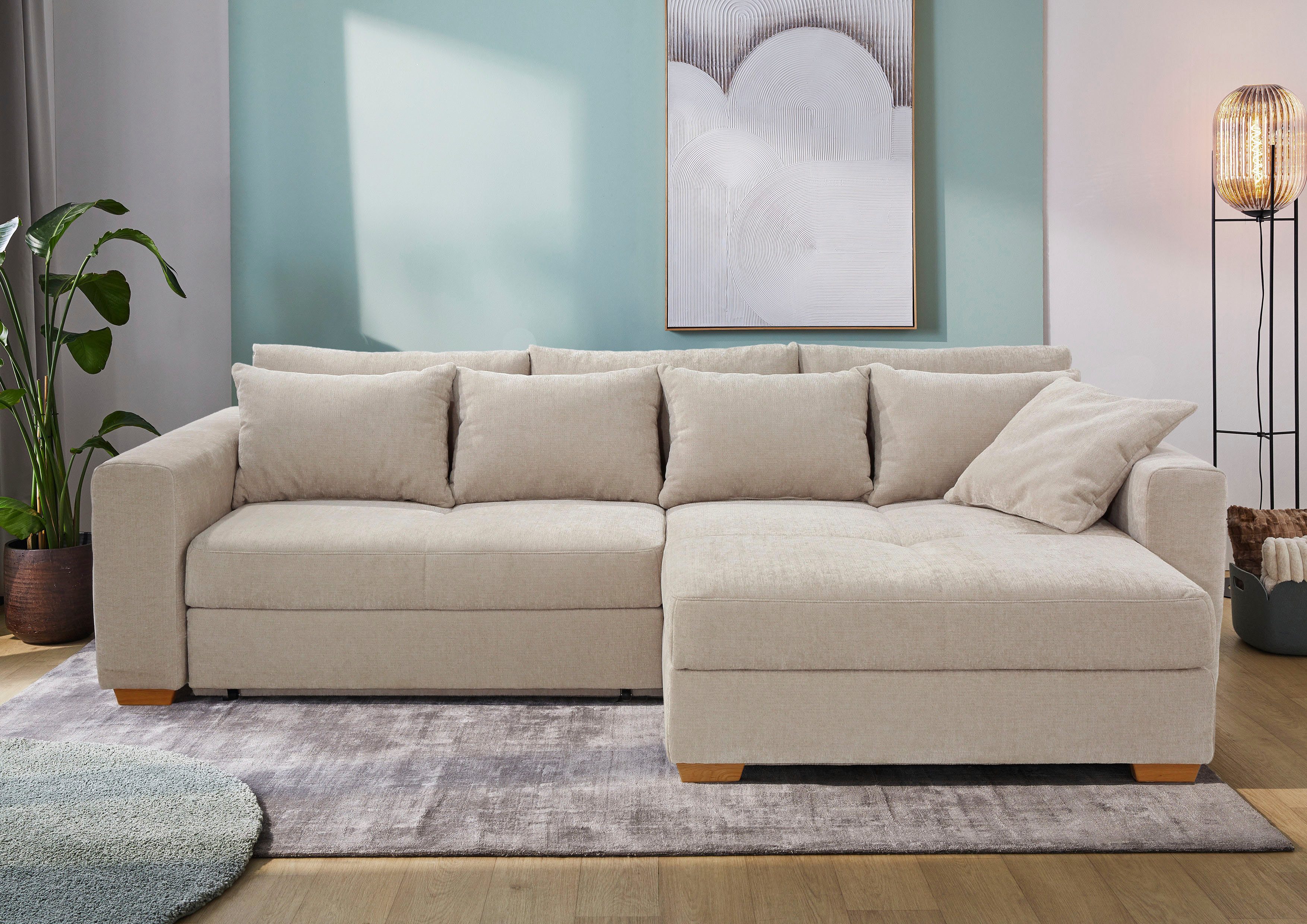 Jockenhöfer Gruppe Ecksofa Kampen L-Form, B: 288 cm, Liegefl. 153x245 cm, mit Bettfunktion, Bettkasten & Zierkissen, Federkern