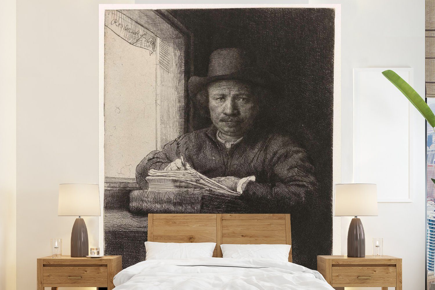 MuchoWow Fototapete Selbstbildnis von Rembrandt, Radierung neben einem Fenster - Rembrandt, Matt, bedruckt, (3 St), Vliestapete für Wohnzimmer Schlafzimmer Küche, Fototapete