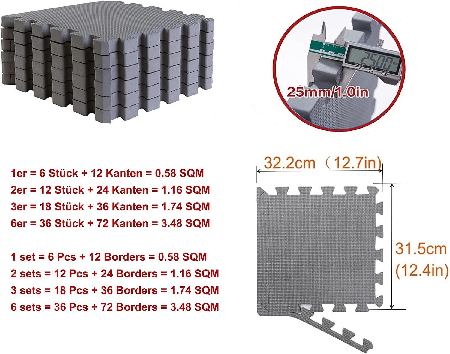 BodenMax Bodenturnmatte Bodenschutzmatte EVA 32x32cm - extra dick 2.5cm [+150% mehr Schutz] (6-St)