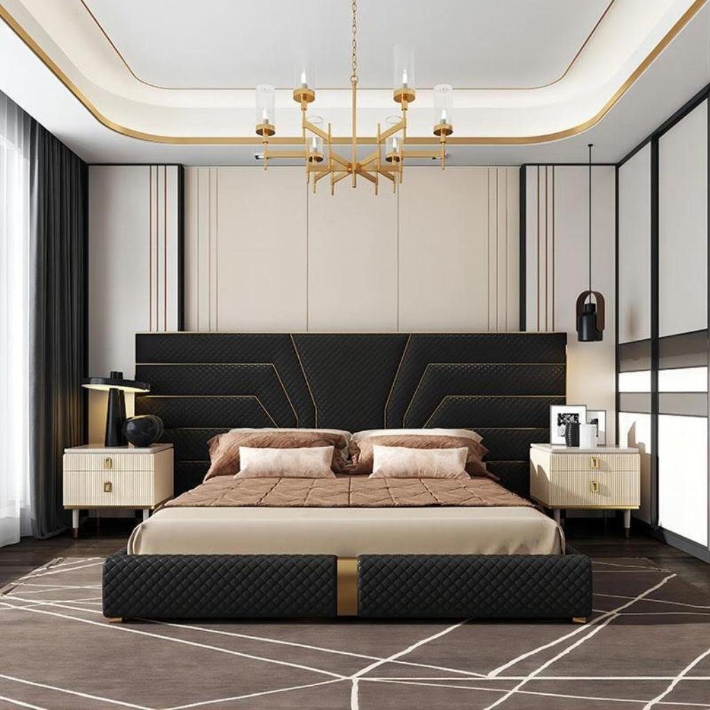 Polsterbett Schwarz Bett Bett Doppelbett ohne (1-tlg., 1x Gold Metall in JVmoebel Made Nachttische), 180x200 Designer Europa Ehebett Bett