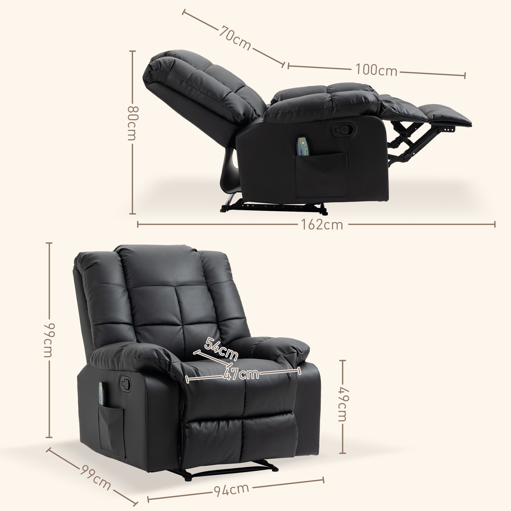 HOMCOM Massagesessel TV Sessel Liegesessel mit Liegefunktion Vibration (Relaxsessel, 1-St., Fernsehsessel), für Wohnbereich, Schwarz – Bild 3 von 5