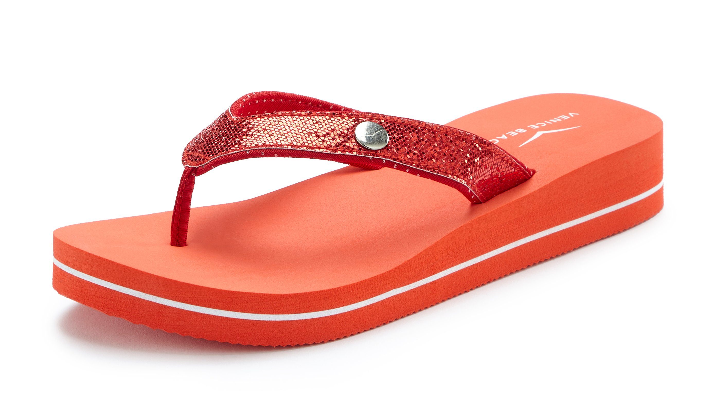 Badeschuh Beach VEGAN rot mit Pantolette, ultraleicht Badezehentrenner Sandale, Glitzerband Venice