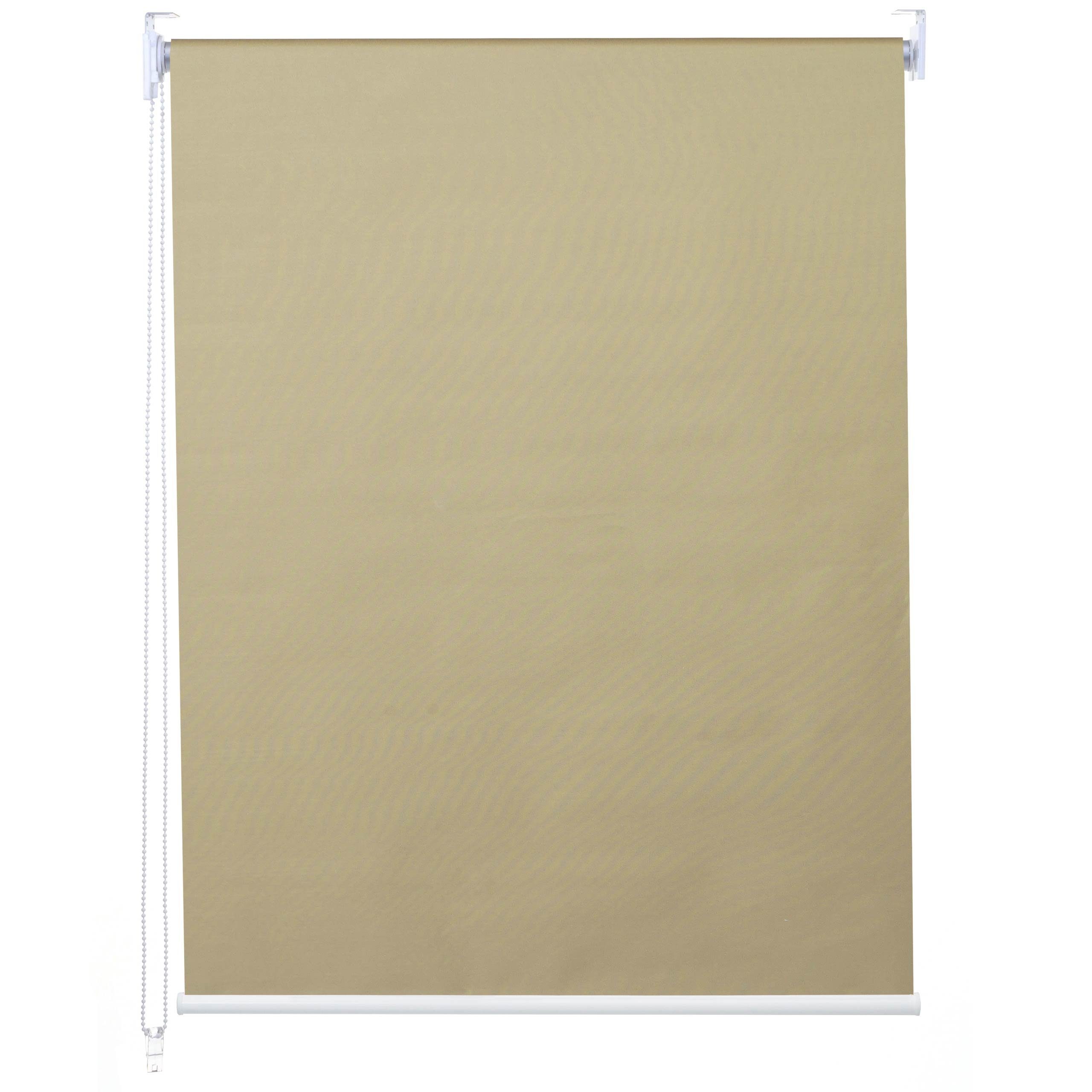 Seitenzugrollo MCW-D52-60x230, MCW, abdunkelnd, verschraubt, Wand- oder Deckenmontage, Bohrmontage, blickdicht, Thermobarriere, Stufenlose Bedienung, Kettenzug inkl. Kindersicherung beige