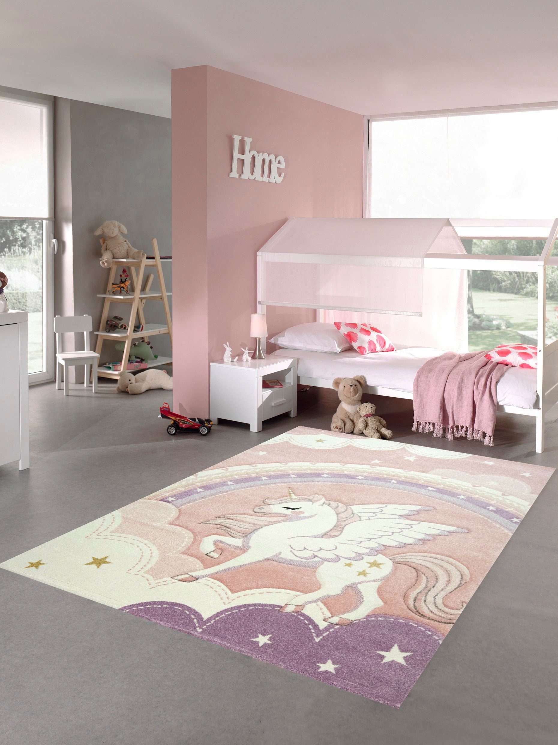 Kinderteppich Kinderzimmer Teppich Spielteppich Einhorn Regenbogen Wolken Himmel creme rosa, Teppich-Traum, rechteckig, Höhe: 13 mm