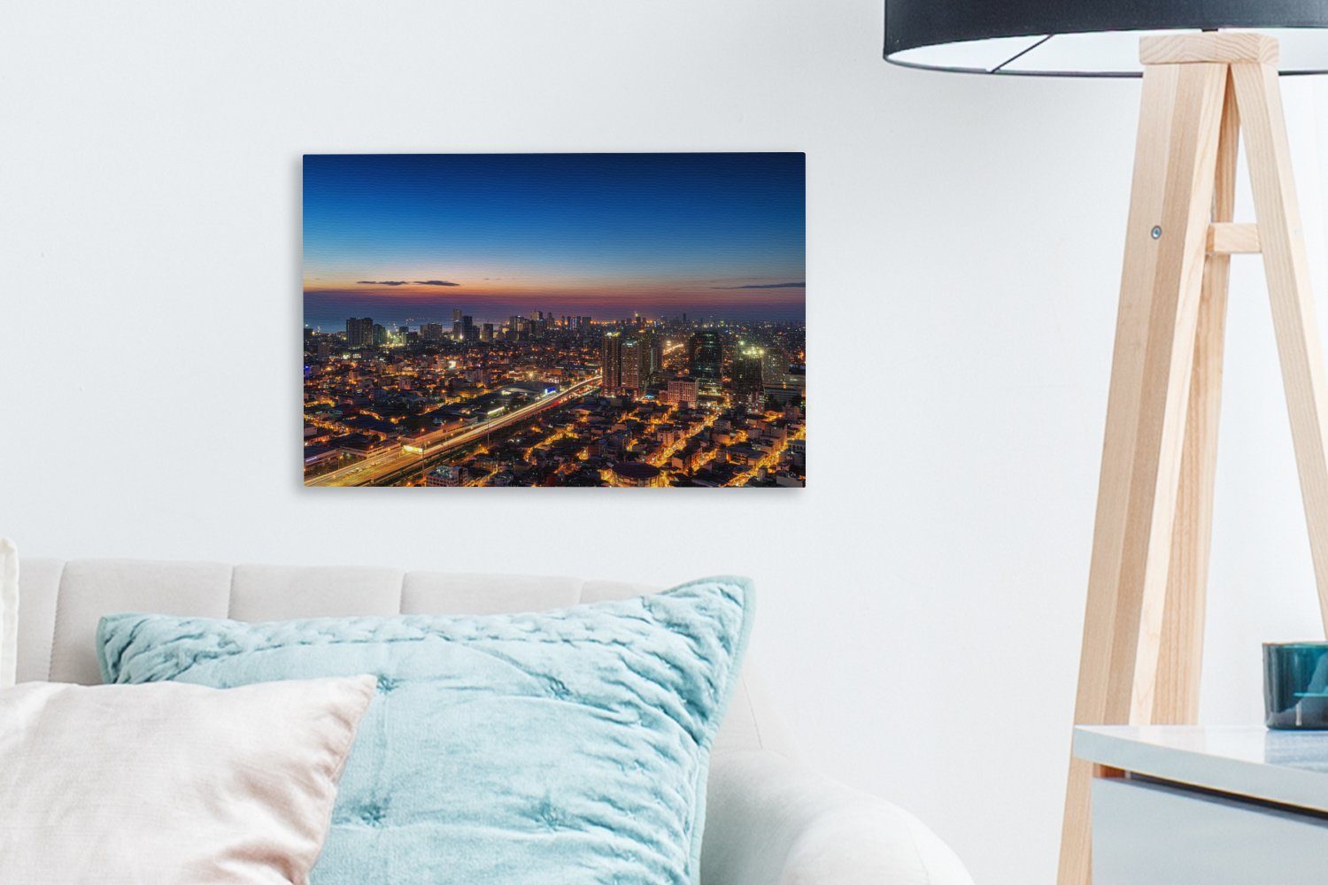 OneMillionCanvasses® Leinwandbild Skyline von Wandbild der cm (1 30x20 Leinwandbilder, Wanddeko, Aufhängefertig, Abenddämmerung, in St), Manila