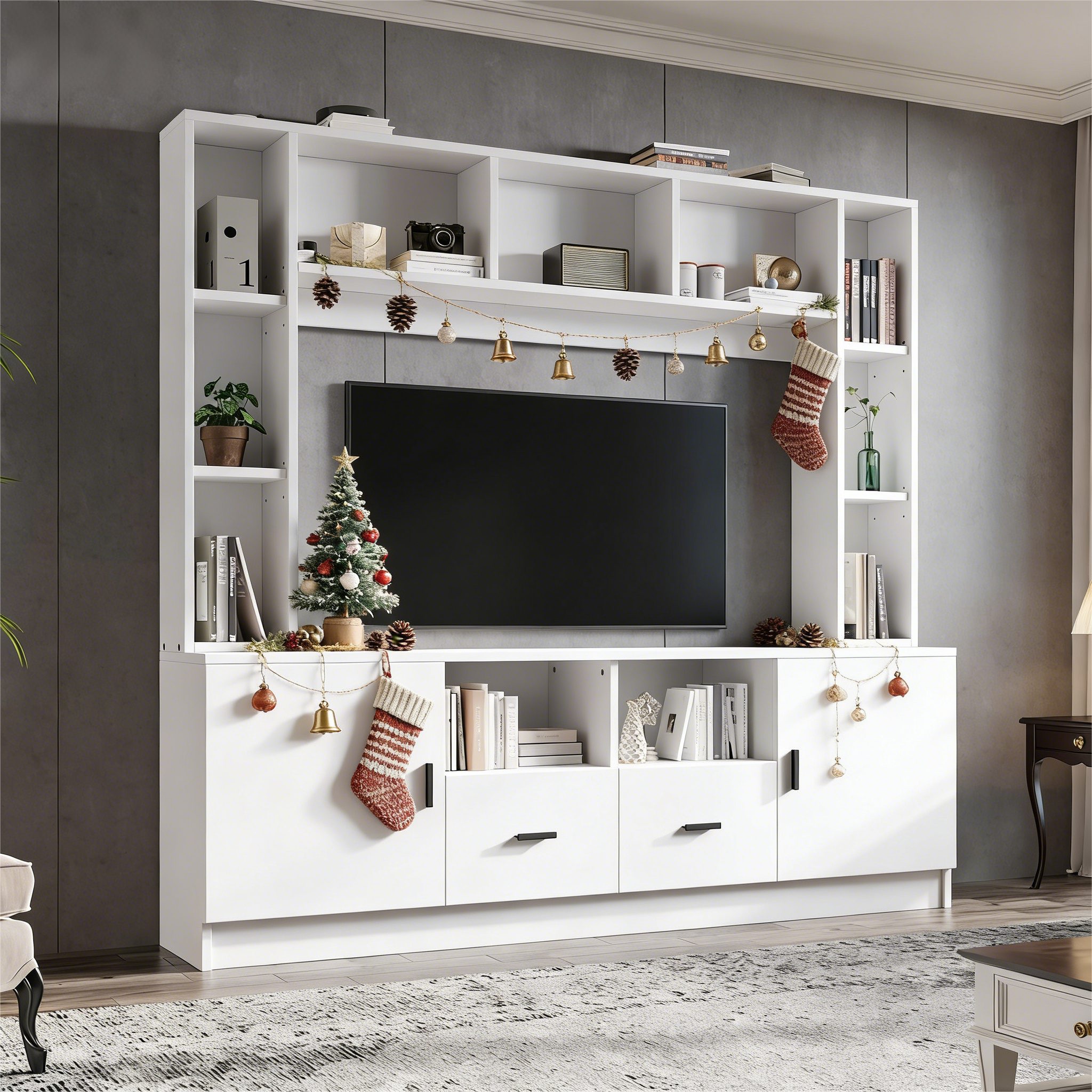 KLAM HOME Wohnwand Moderne Weiße Wohnwand Mit 2 Schränken Und 11 Fächern, (TV Board Mediawand Set Für Fernseher Bis 60 Zoll), Praktische Anbauwand Mit Vitrine U – Bild 4 von 5