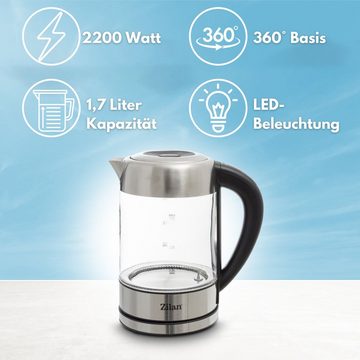 Zilan Wasserkocher ZLN-3949, 1,7 l, 2200 W, Temperatureinstellung, LED-Farbwechsel, Edelstahl, BPA-frei