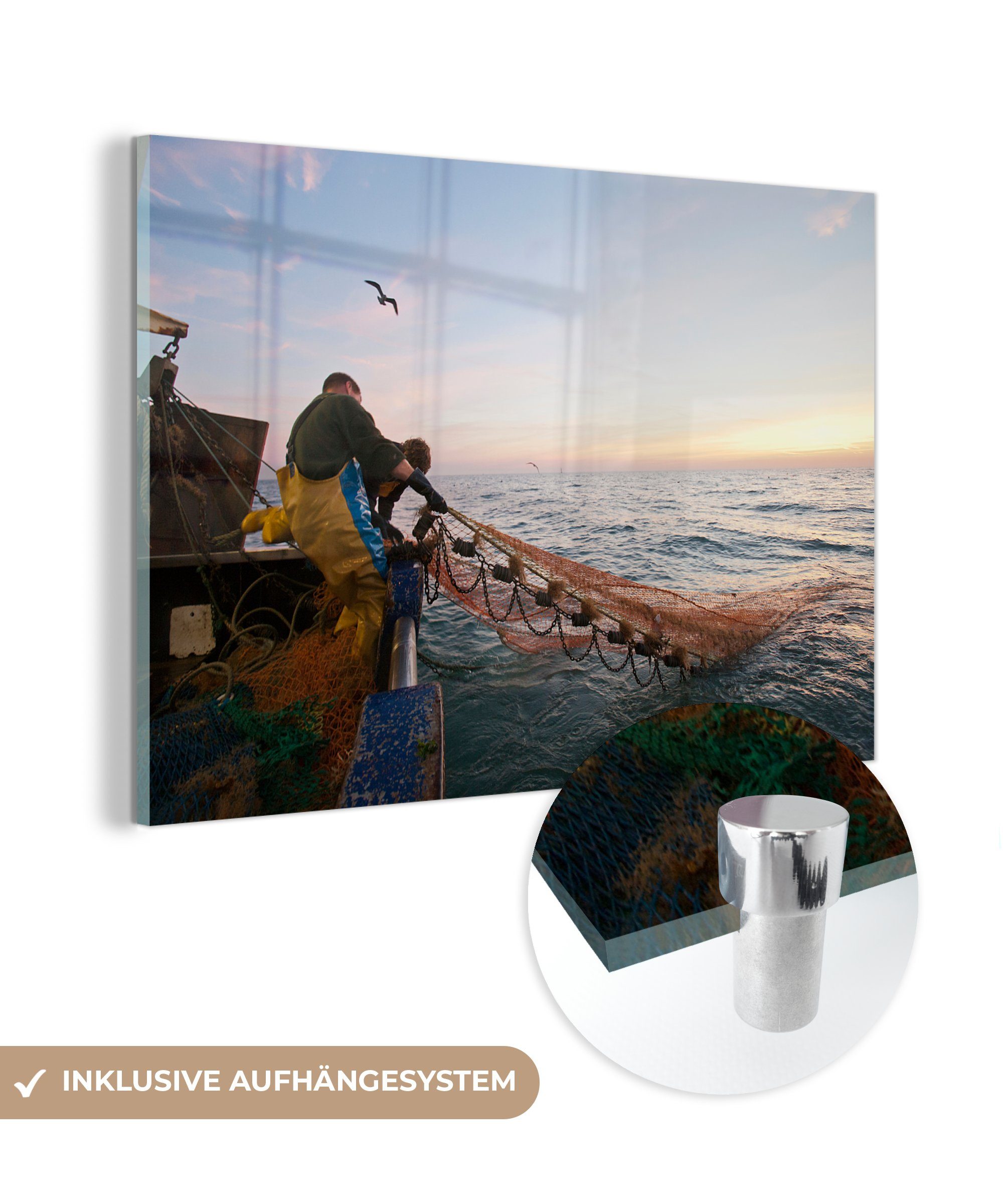 Netze vom holen Acrylglasbild ihre & Wohnzimmer Schlafzimmer (1 Fischereifahrzeug aus St), Acrylglasbilder ein, MuchoWow Fischer