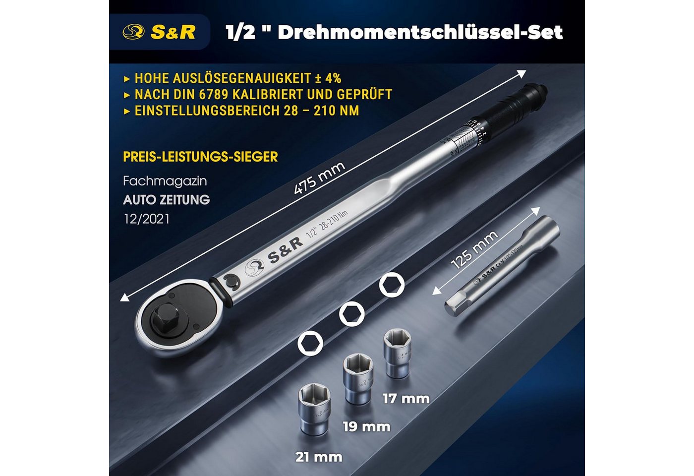 Thumbnail - S&R Drehmomentschlüssel Set 475mm, 1/2", 28-210 Nm, aus Chrom-Vanadium, Umschaltbare Ratsche (Set, 5 St., + Verlängerung...
