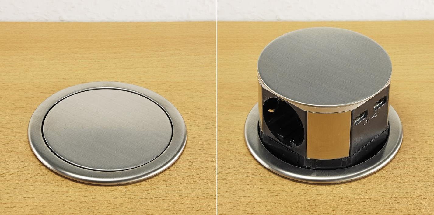 ChiliTec Schreibtisch-Einbausteckdose 3x +USB A+C versenkbar, Edelstahl-Ausführ Mehrfachsteckdose