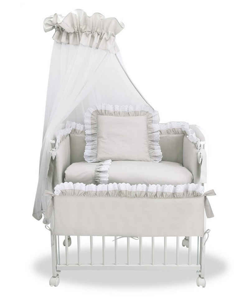 hopsibaby Beistellbett 3in1 Babybett Komplettbett Royal Grau, Spitze-Weiß Stubenbett, Premium Baumwolle