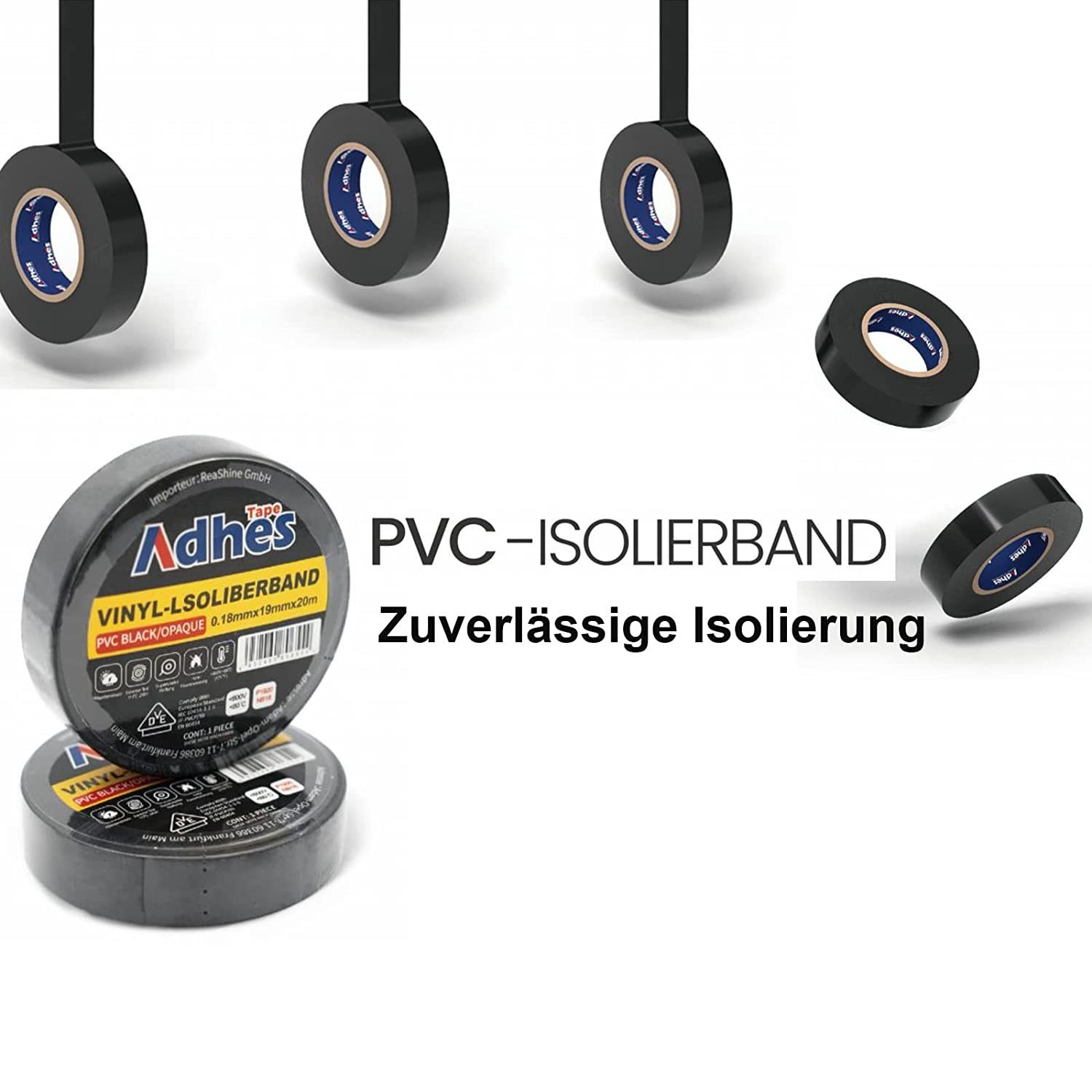 Adhes Tape Isolierband 20mx19mm schwarz PVC IEC Tape Isolierband hitzebeständige 1, 60454-3-1-6 10 (Packung, Iso geprüft VDE Professioneller Rollen) 1-St