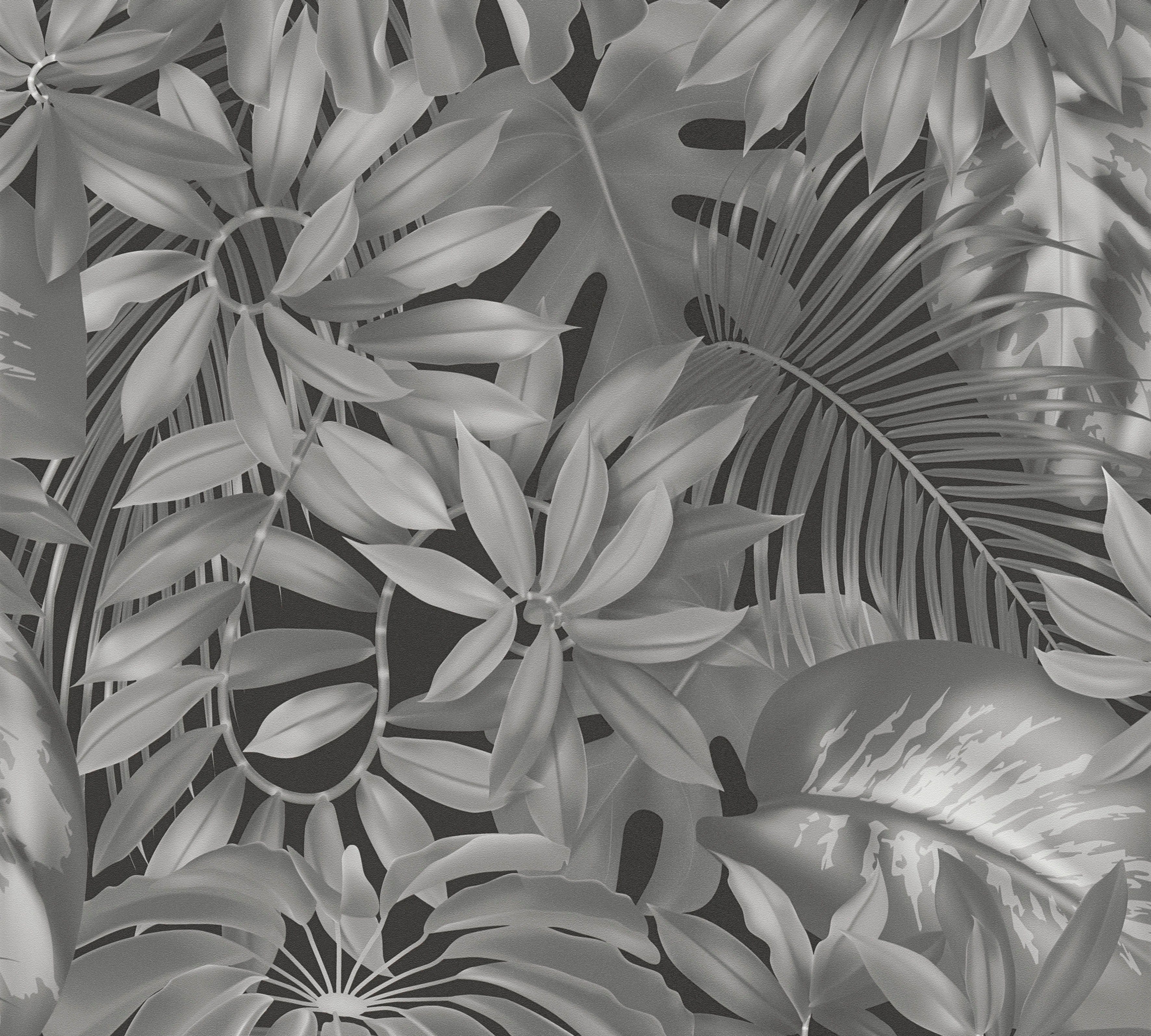 St), Dschungel PintWalls A.S. Création Vliestapete (1 glatt, grau/schwarz Dschungeltapete Blätter, matt,