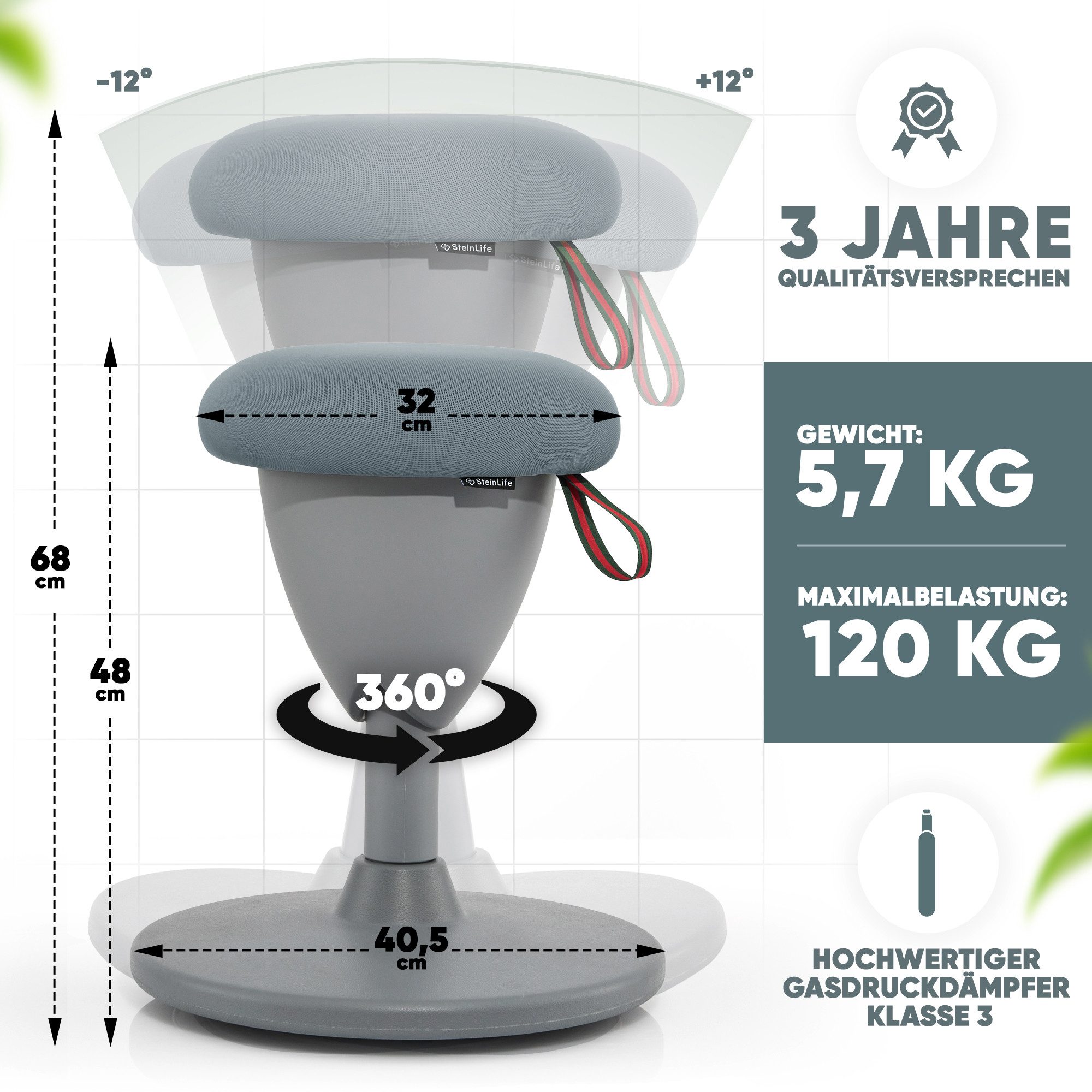 Steinlife Arbeitshocker Ergonomischer Bürohocker [Aktives Sitzen, Gesunde Haltung] (Sitzhocker Höhenverstellbar [48-68cm] Ergonomischer Hocker für Büro [Schwingeffekt] Wackelhocker Stehhocker, Arbeitshocker rutschfest Drehhocker)
