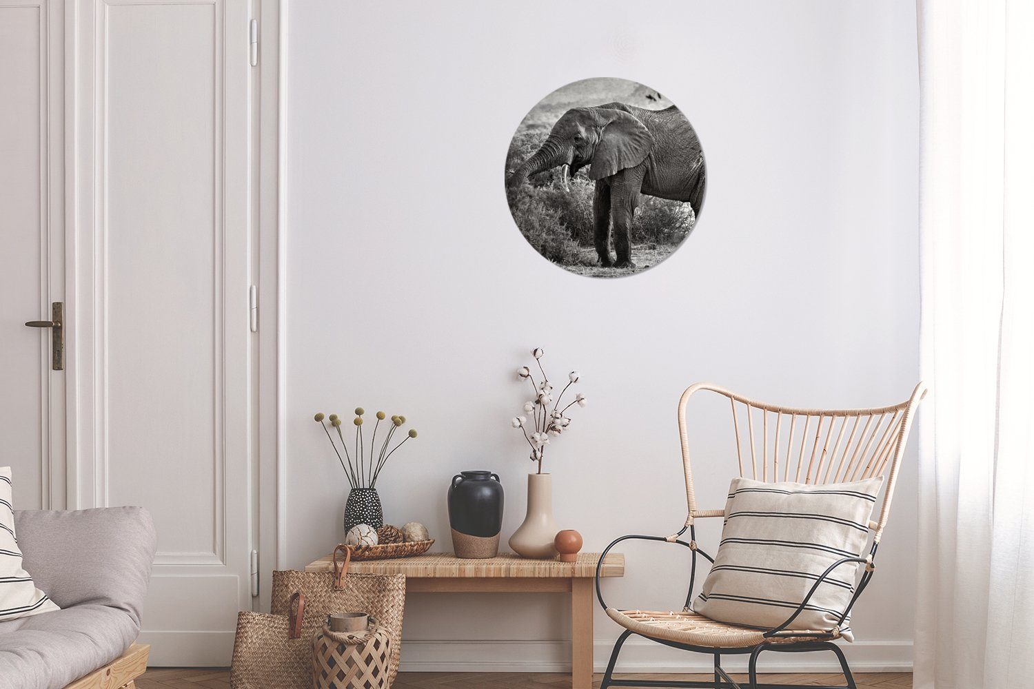 Bäume 30x30 Kreis Elefant Wanddekoration Forex, MuchoWow St), Schwarz - Wohnzimmer, cm - Tiere Rundes Gemälde (1 Wandbild, - - Weiß,