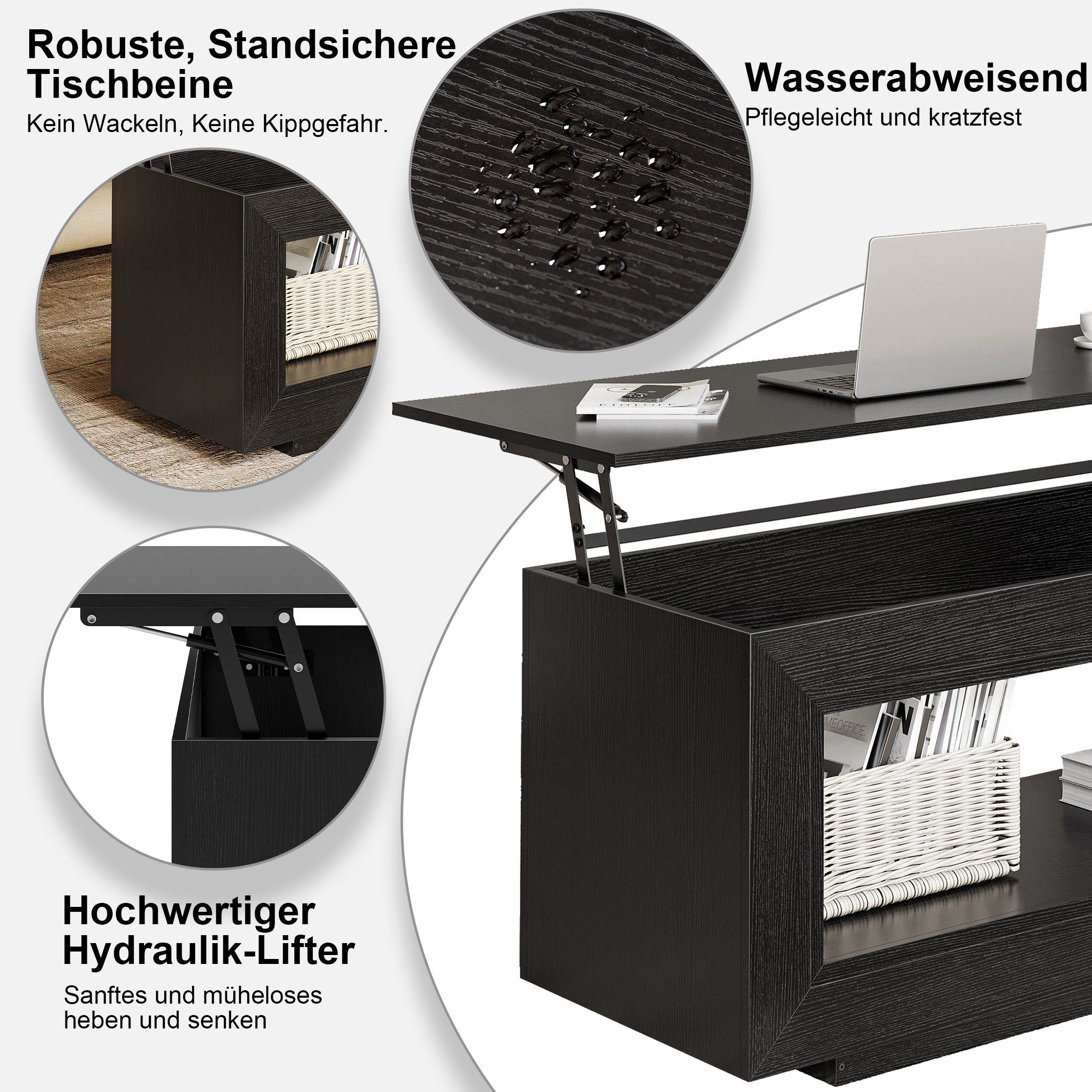 FABATO Couchtisch Multifunktionaler hebbarer Couchtisch mit Stauraum (1-St), aus Holz in Schwarz – ideal als Wohnzimmer-Mitteltisch