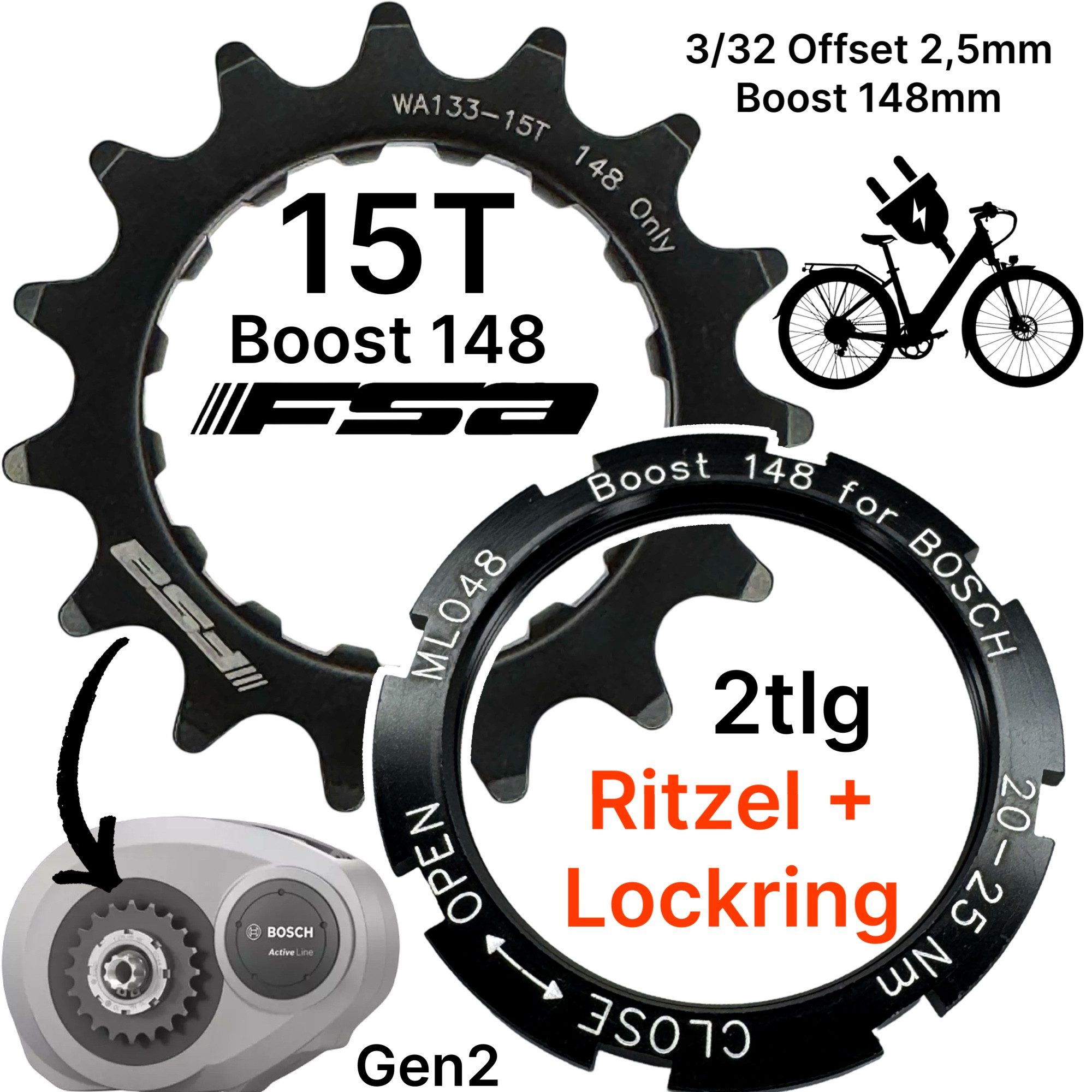 FSA Fahrradkurbel FSA Antriebsritzel 15T + Lockring E-Bike Boost Ebike für Bosch Gen.2