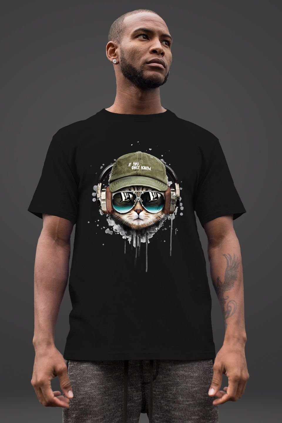 Neverless Print-Shirt Herren T-Shirt Katzen-Motiv cool Kopfhörer Musik Fashion Streetstyle mit Print