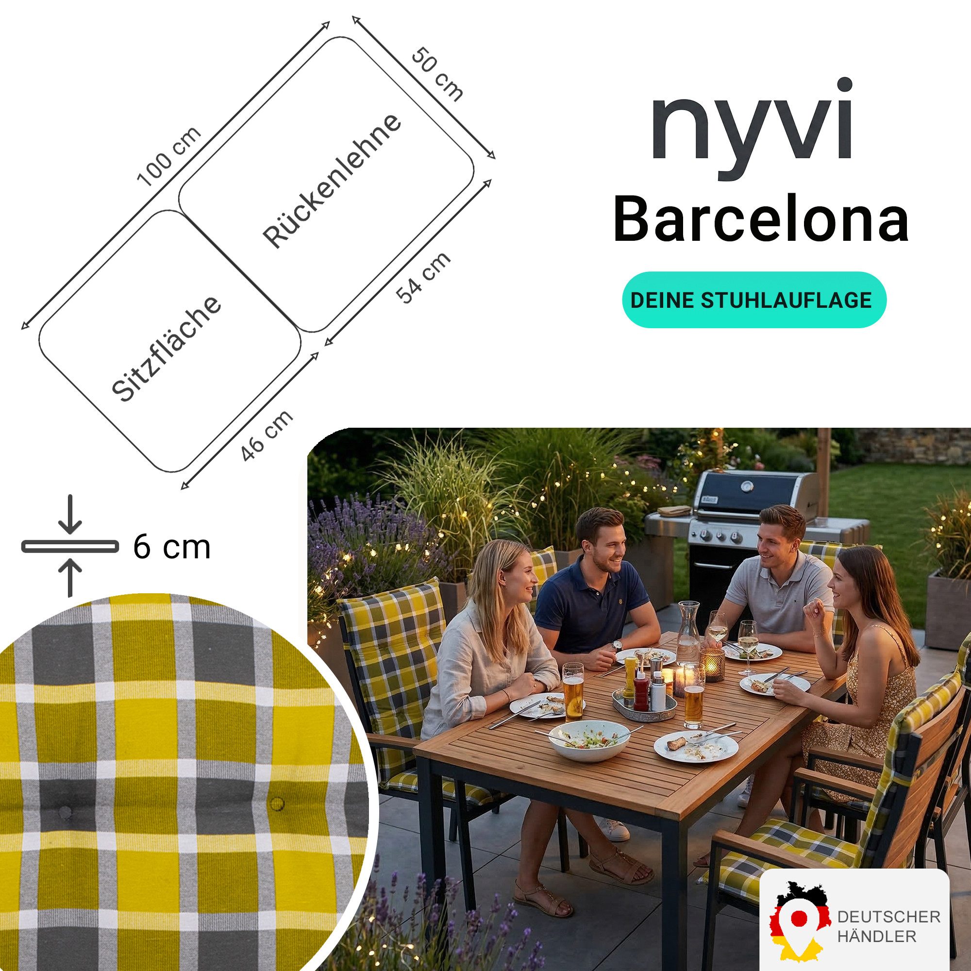 NYVI Sitzauflage Niedriglehner Auflagen 4er Set Barcelona Gartenstuhlauflagen 100x50cm, (4 St), Niederlehner Stuhlauflage Sitzauflage mit Halteband