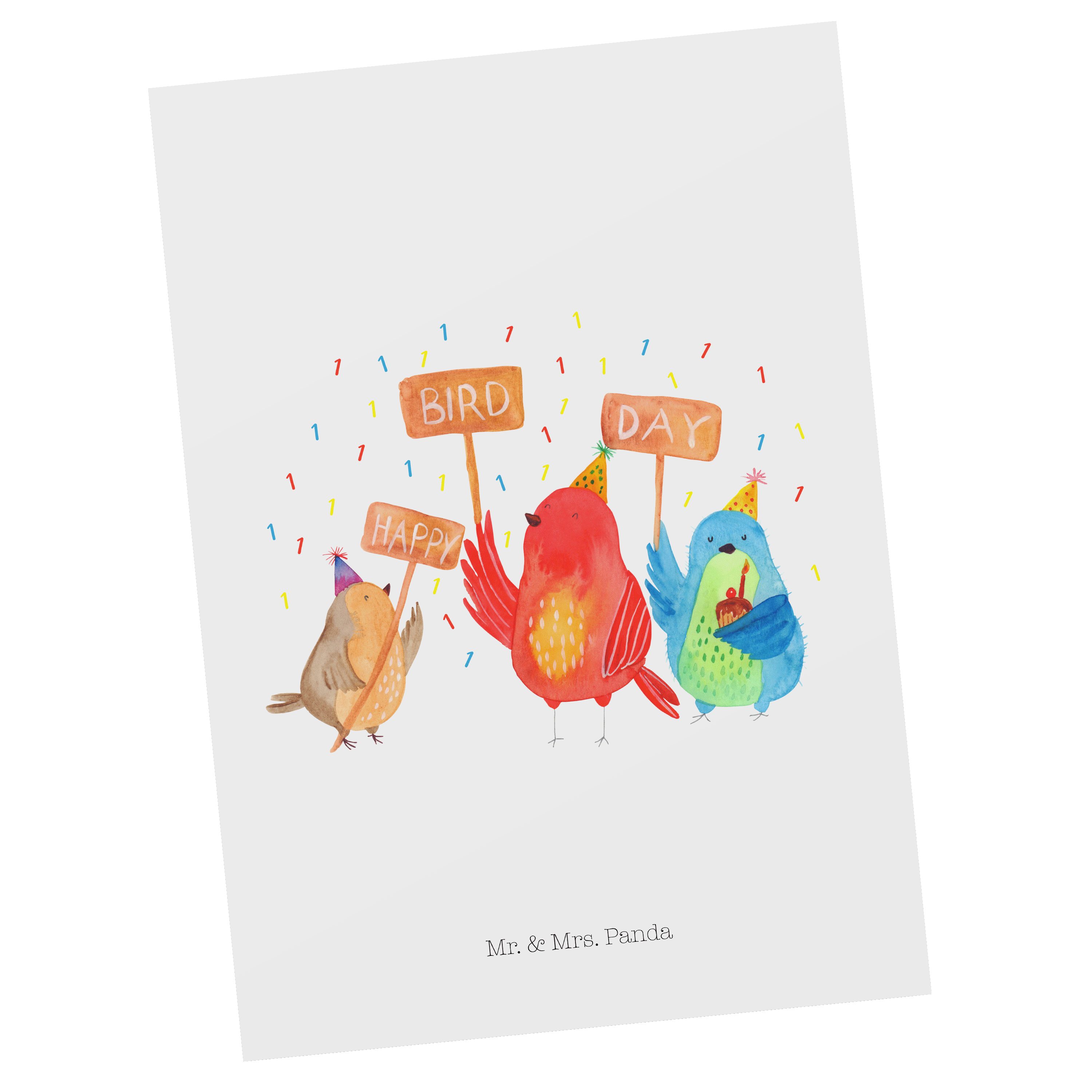 Mr. & Mrs. Panda Postkarte 1. Geburtstag Happy Bird Day - Weiß - Geschenk, Ansichtskarte, Einlad