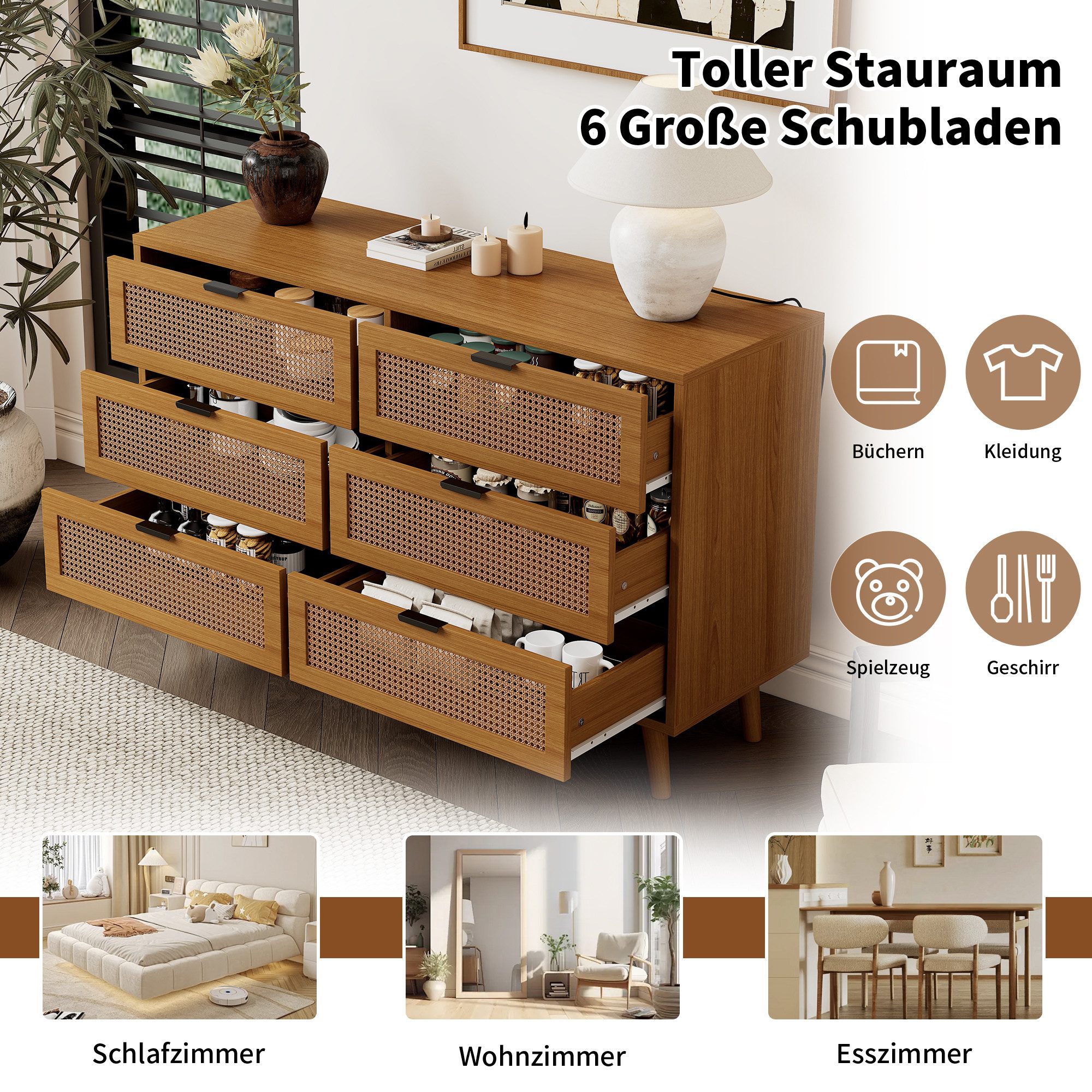 Merax Kommode mit 6 Schubladen, Schubkastenkommode,Sideboard Rattan geflecht,Massivholzbeine,B:120cm