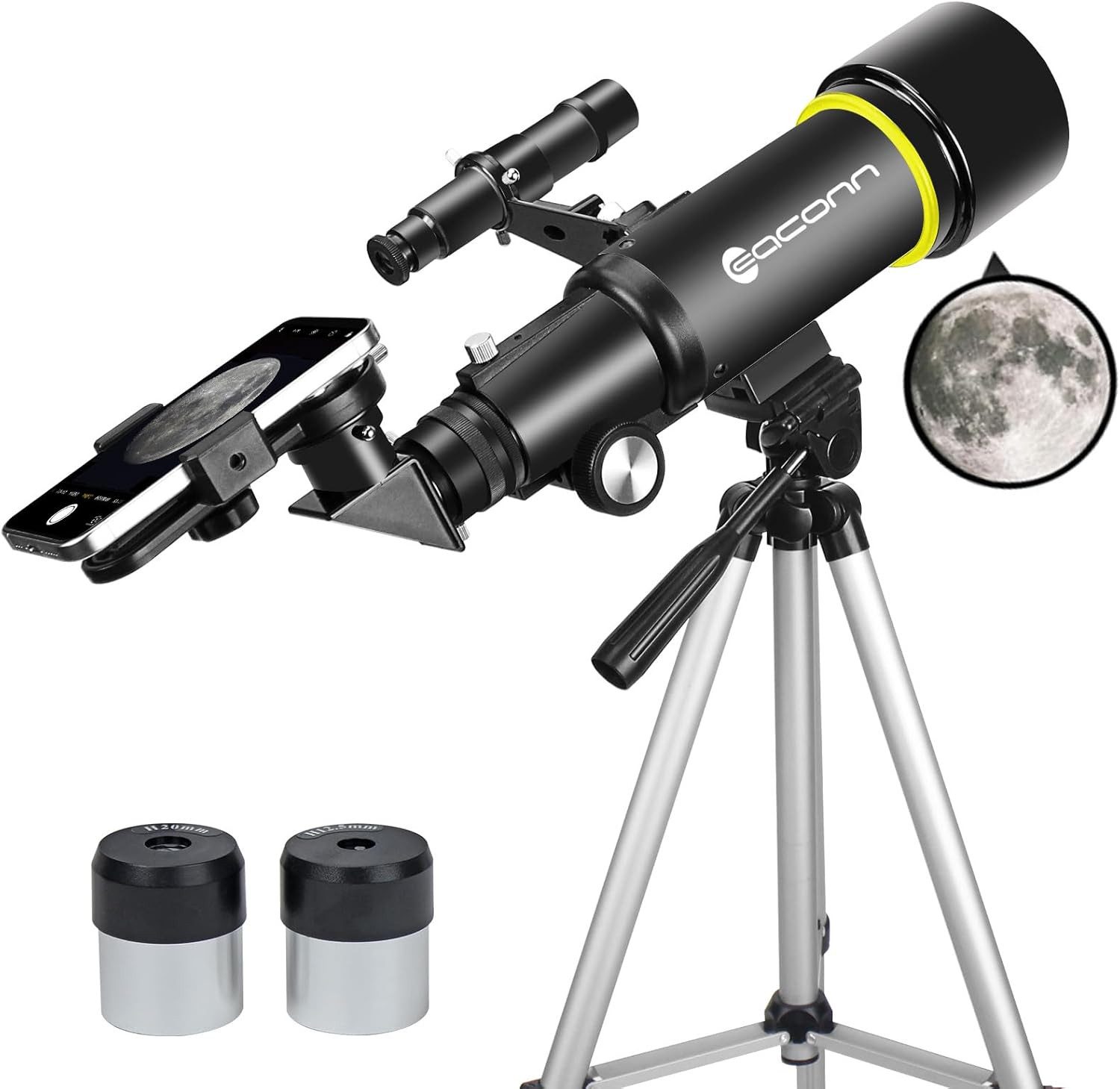 EACONN Teleskop 70mm Astronomie-Teleskop, Linsenteleskop, 400mm Refraktor, mit AZ-Montierung, vollvergüteter Optik und Smartphone-Adapter