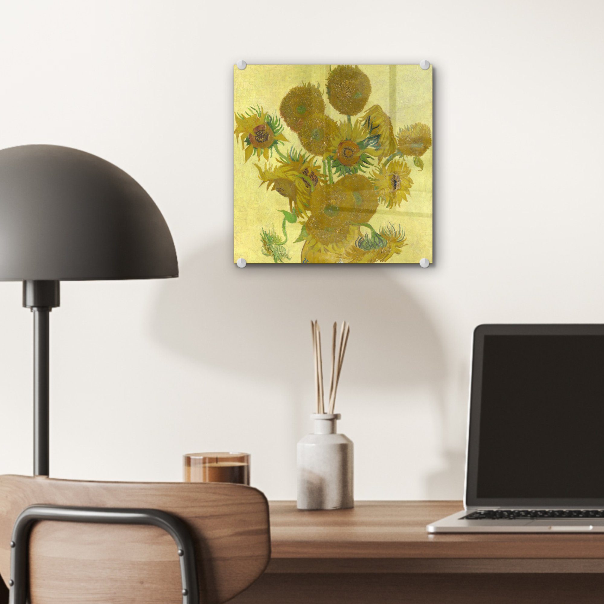 - Foto Vincent Glas auf von Acrylglasbild Sonnenblumen Gemälde Bilder - - Gogh, - MuchoWow Glas Glasbilder auf van Wanddekoration St), (1 Wandbild