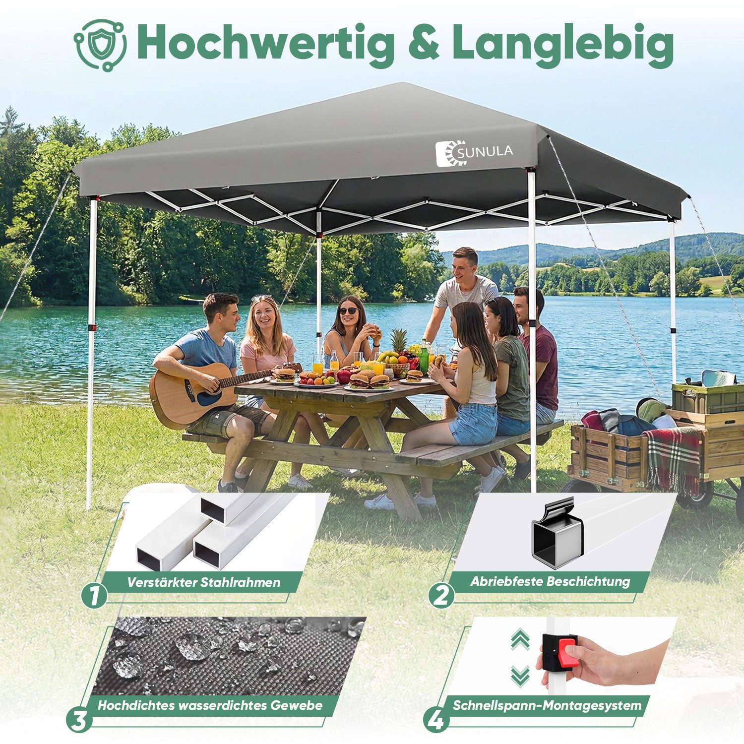 SUNULA Faltpavillon 3x3 m Pavillion Wasserdicht Pop Up Gartenpavillon Winterfest, mit 0 Seitenteilen, Wetterfester Schutz, Leichter Aufbau, Inklusive Tragetasch – Bild 3 von 5