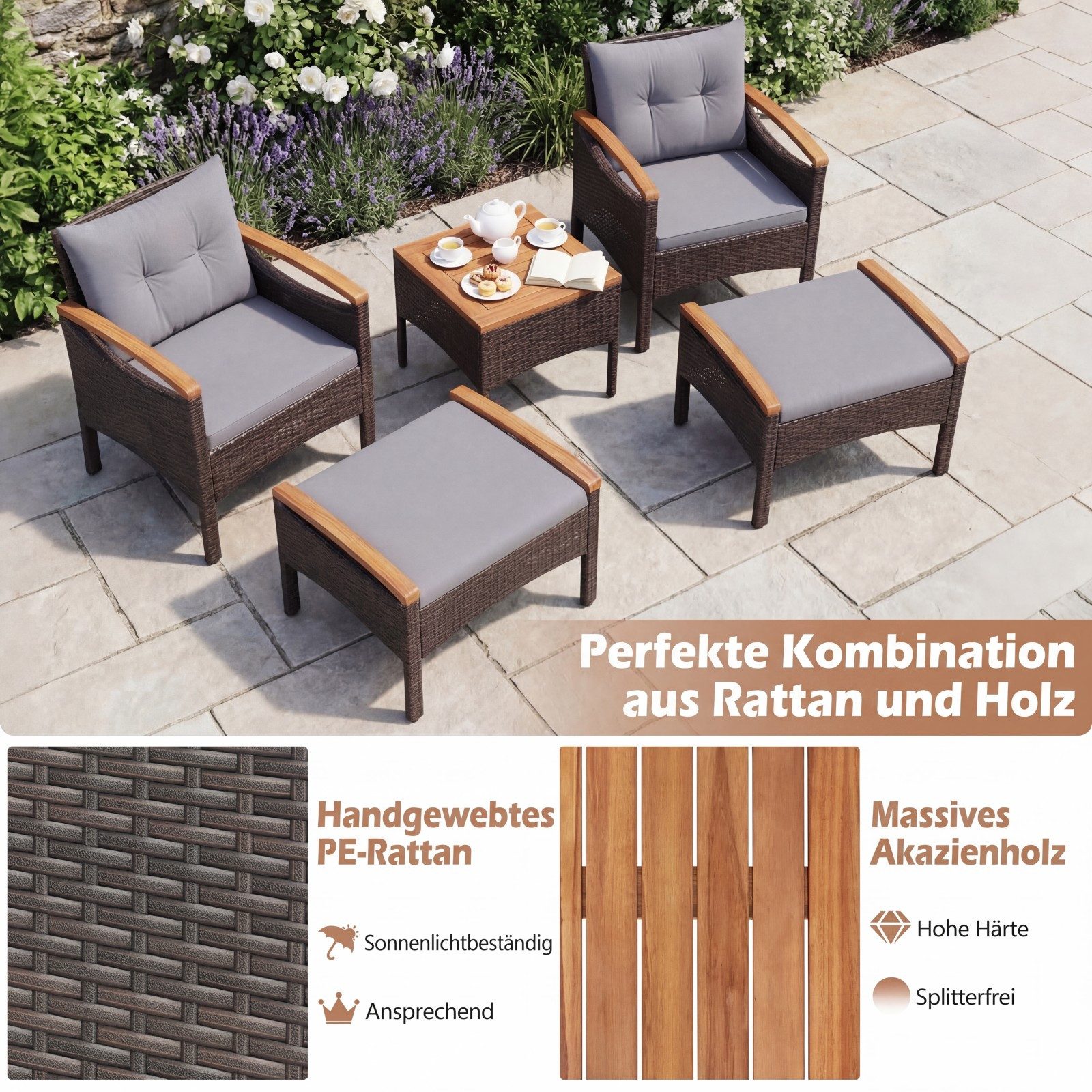 COSTWAY Balkonset Rattan, (5tlg), Akazienholzplatte, mit Kissen, bis 180kg