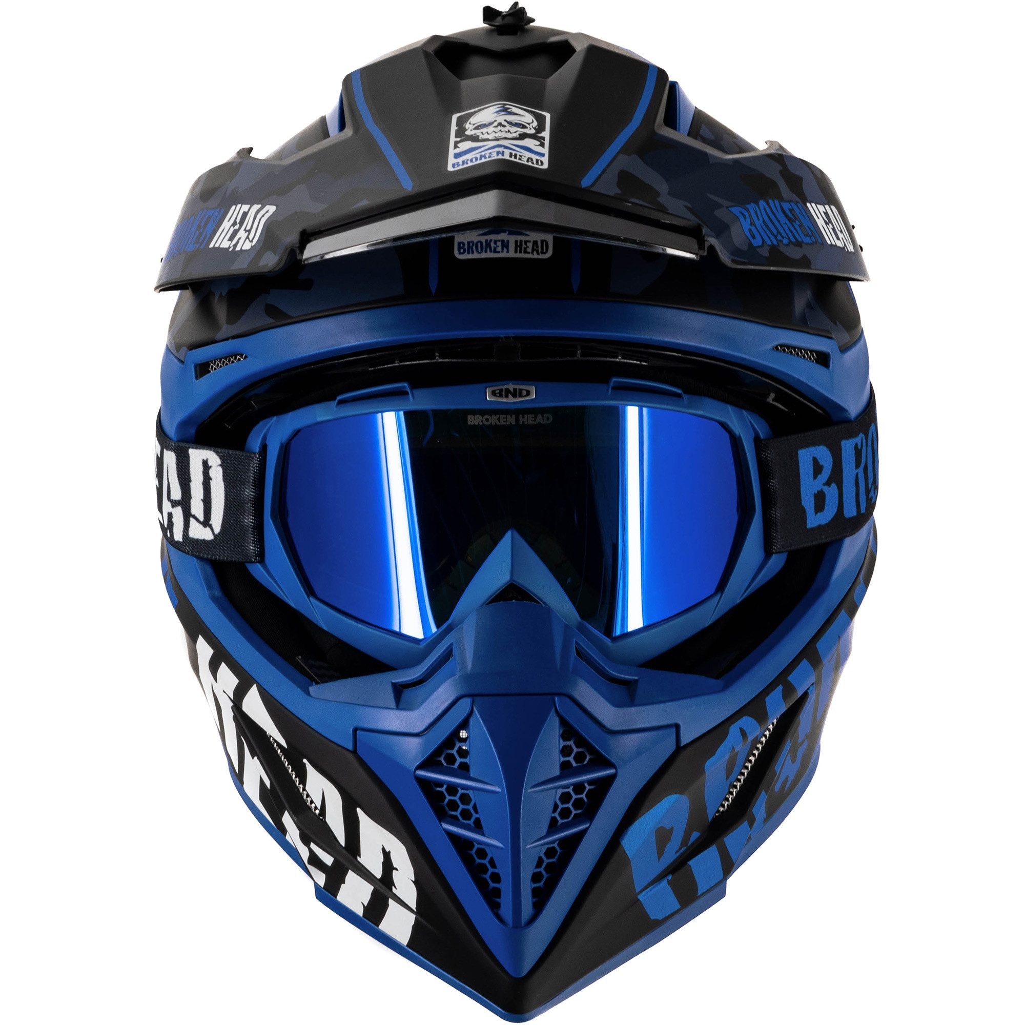 Broken Head Motocrosshelm Squadron Blau (Mit MX-2 Brille Blau Verspiegelt), Zwei Verschlüsse