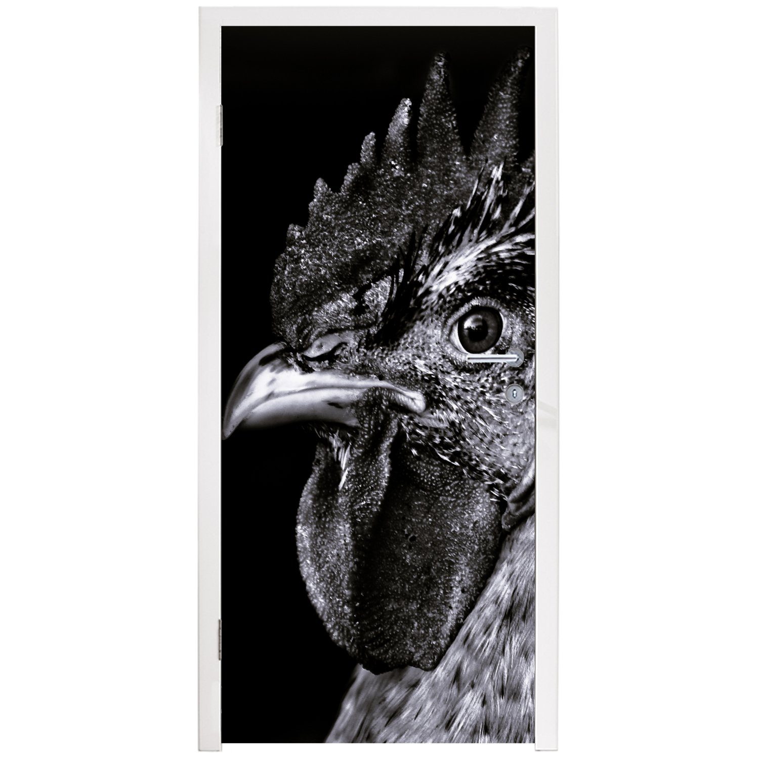 MuchoWow Türtapete Hahn - St), 75x205 Schwarz bedruckt, Weiß, Vogel - Türaufkleber, (1 - cm Fototapete für Tür, Matt
