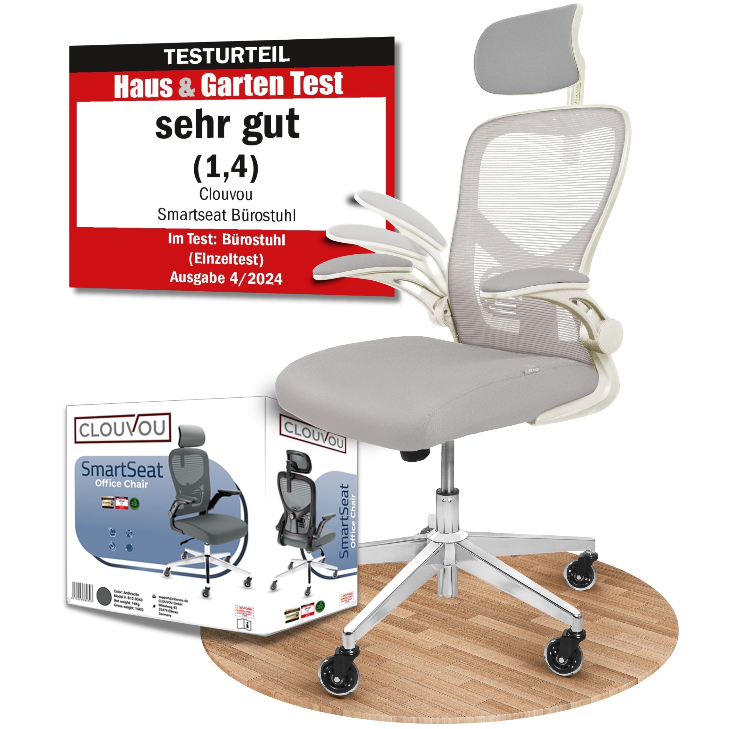 CLOUVOU Bürostuhl Ergonomisch, Schreibtischstuhl bis 150 kg - Testsieger (SmartSeat - Chefsessel für Arbeitszimmer, 3D-Kopfstütze & Flip-Up Armlehnen), Blade Wheels, Homeoffice, Gaming Stuhl, Drehstuhl