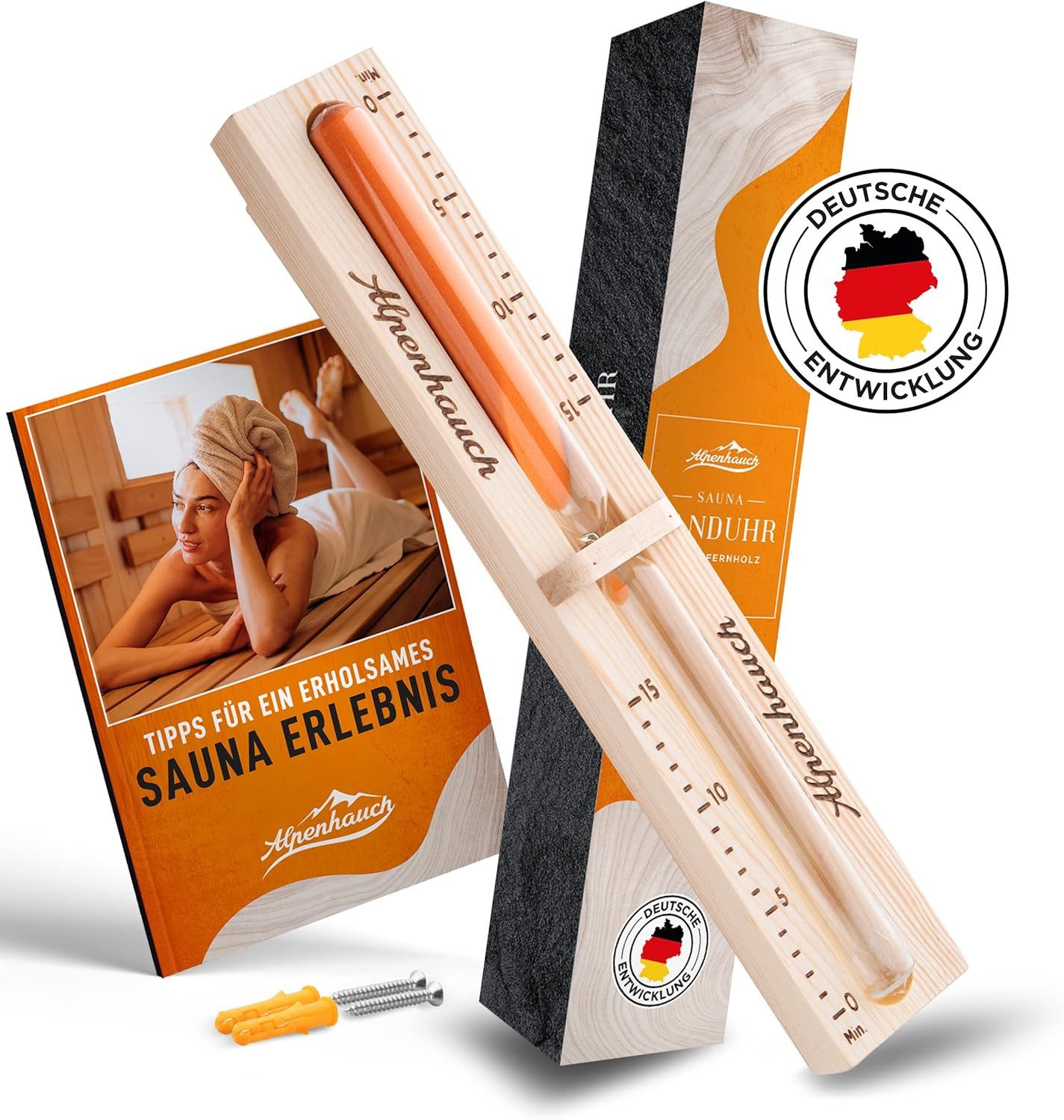 Alpenhauch Sauna-Sanduhr 15 Minuten - Edle Holz-Saunauhr, drehbar, Sicherheitsglas (präzise Zeitmessung, 100% Naturholz, leicht ablesbar)