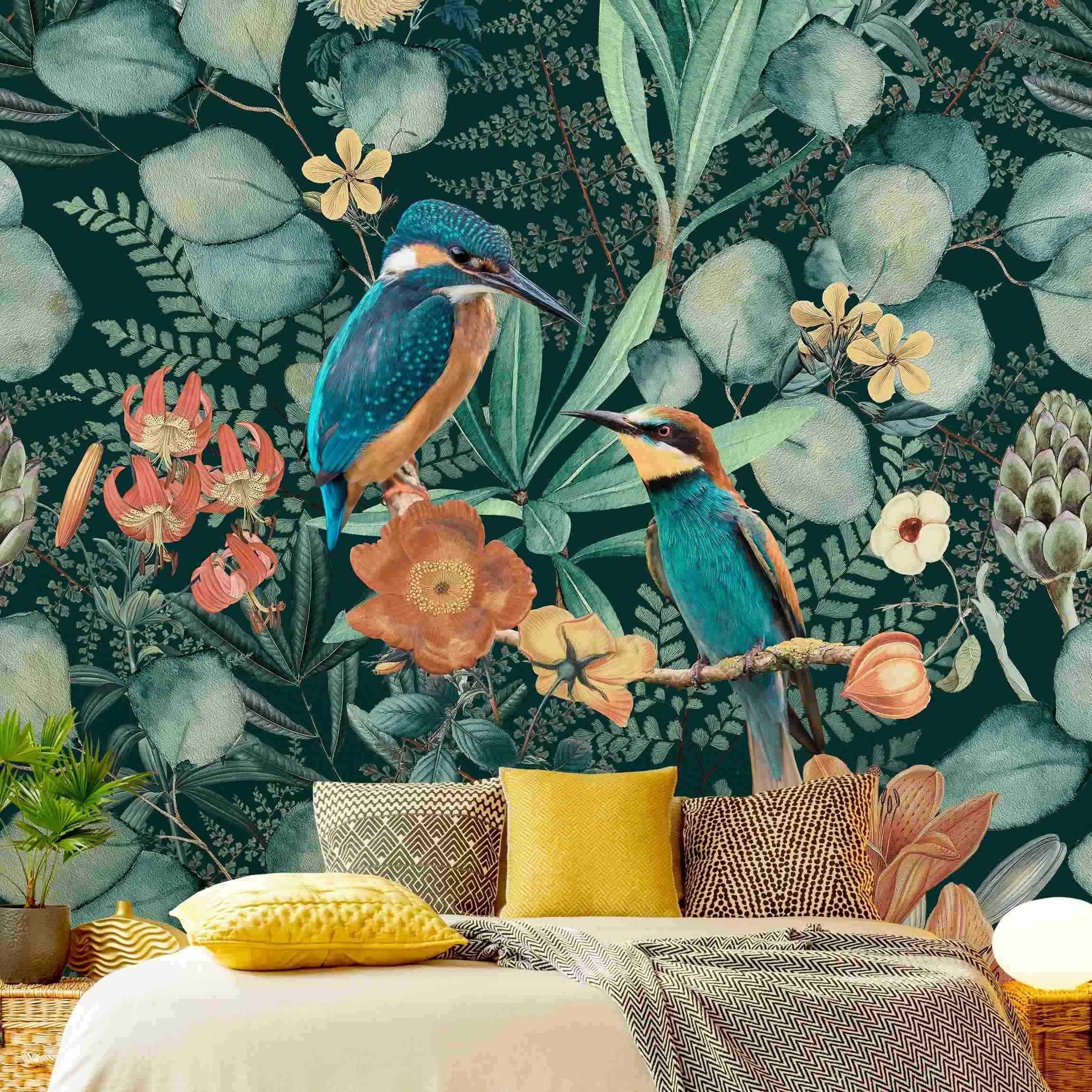 Bilderdepot24 Vliestapete Vintage Blumenparadies Eisvogel Kolibri Natur Dschungel Tropisch Tiere, Glatt, Matt, (Vliestapete inkl. Kleister oder selbstklebend), Wohnzimmer Schlafzimmer Küche Flur Fototapete Motivtapete Wandtapete