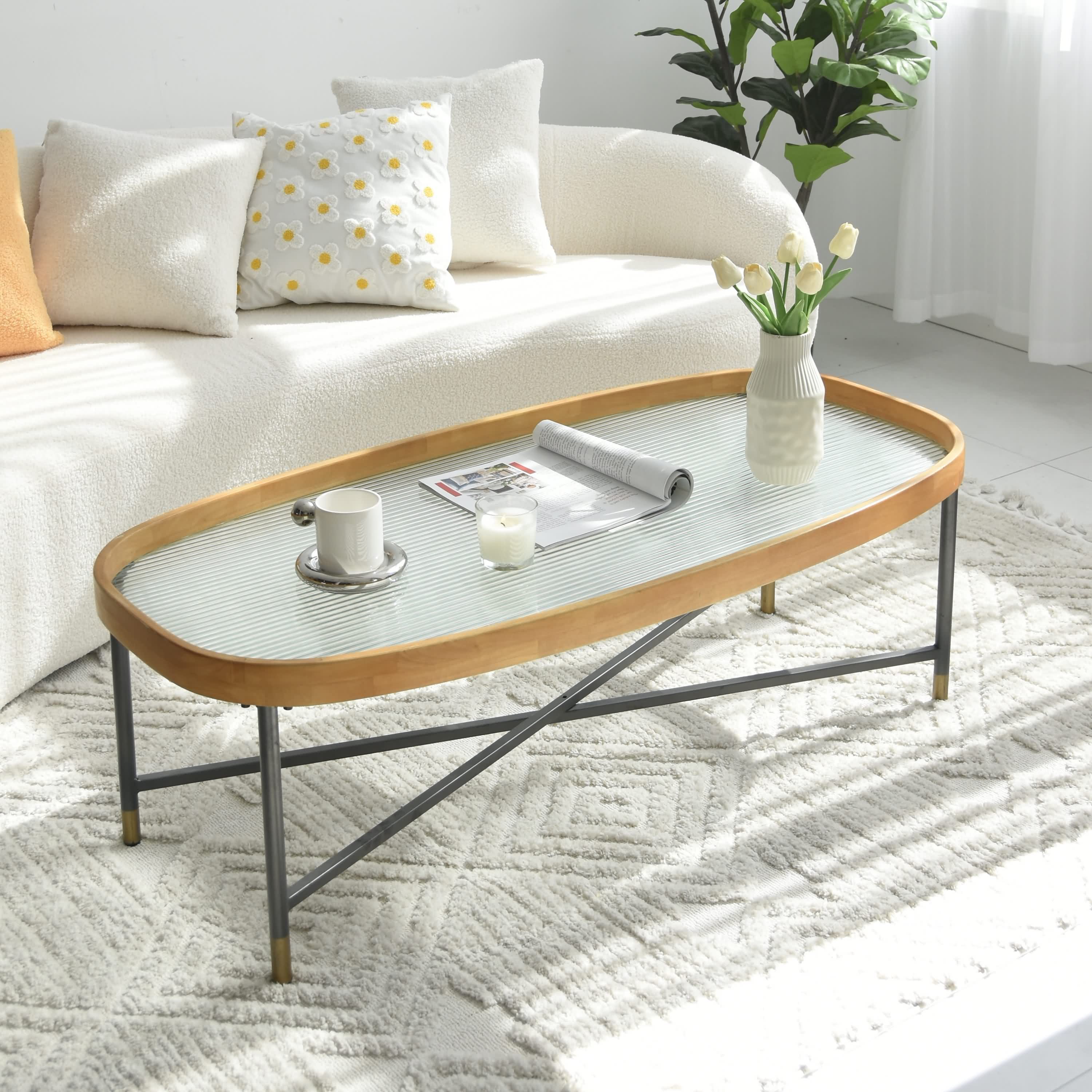art leon couchtisch jy1417 (couchtisch holz unregelmäßig rechteck  wohnzimmertisch holz coffe table 120x59.5x39.5cm, 1-st., 1 stück),  gehärtetes glas