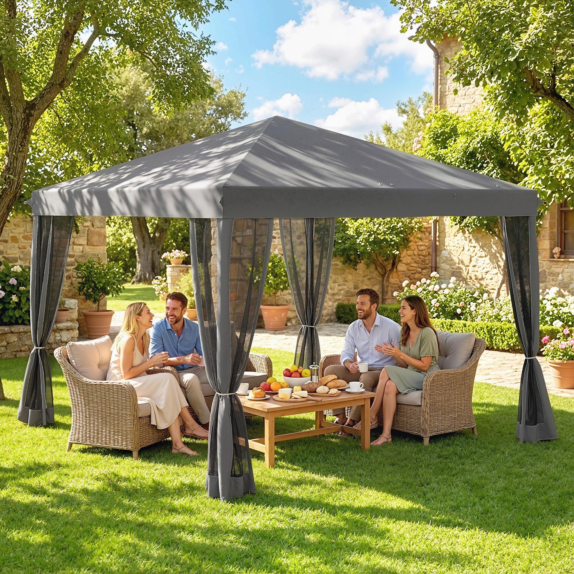 Outsunny Faltpavillon Pavillon 3x3m, wasserabweisend und stabil, Partyzelt, mit 4 Seitenteilen, (Pavillon, Gartenzelt), für Garten, Balkon, Hellgrau