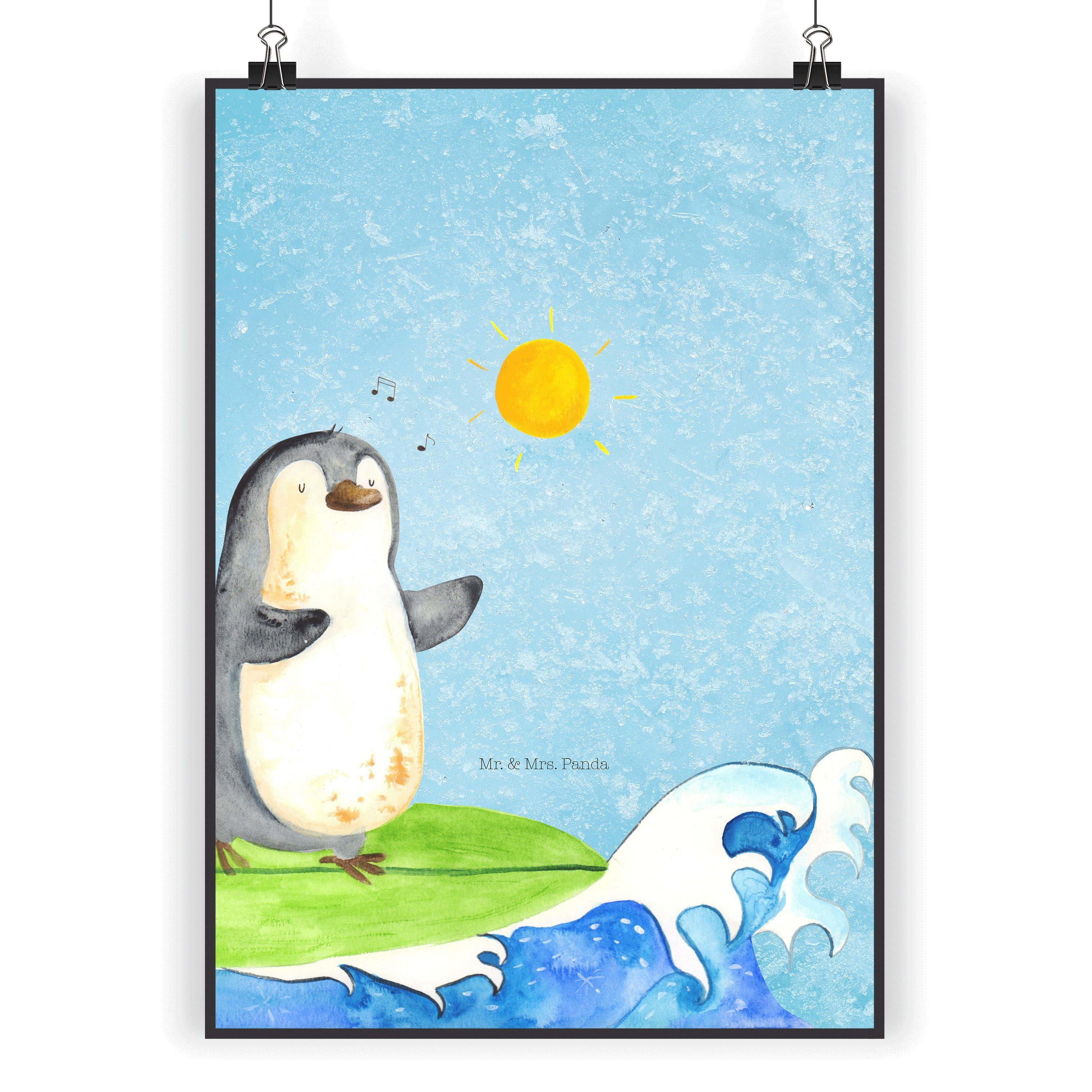 Mr. & Mrs. Panda Poster DIN A5 Pinguin Surfer - Eisblau - Geschenk, Kunstdruck, Bild, Wellen, Pinguin Surfer (1 St), Lebendige Farben