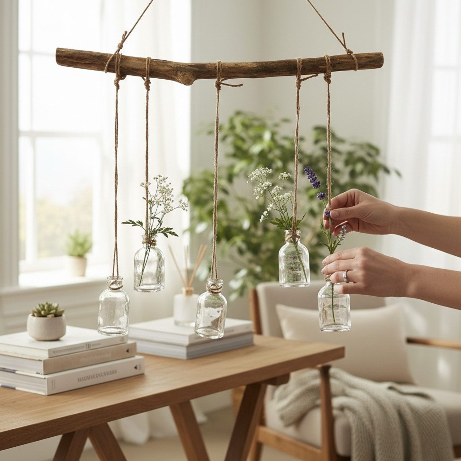 Macosa Home Hängedekoration Ast mit 5 Gläsern Holz Glas Jute 58 cm (Glasfläschchen für Trockenblumen Zweige und florale Arrangements, 1 St., Boho Deko Naturdeko), Hängevase Wanddeko Fensterdeko Blumenhalter