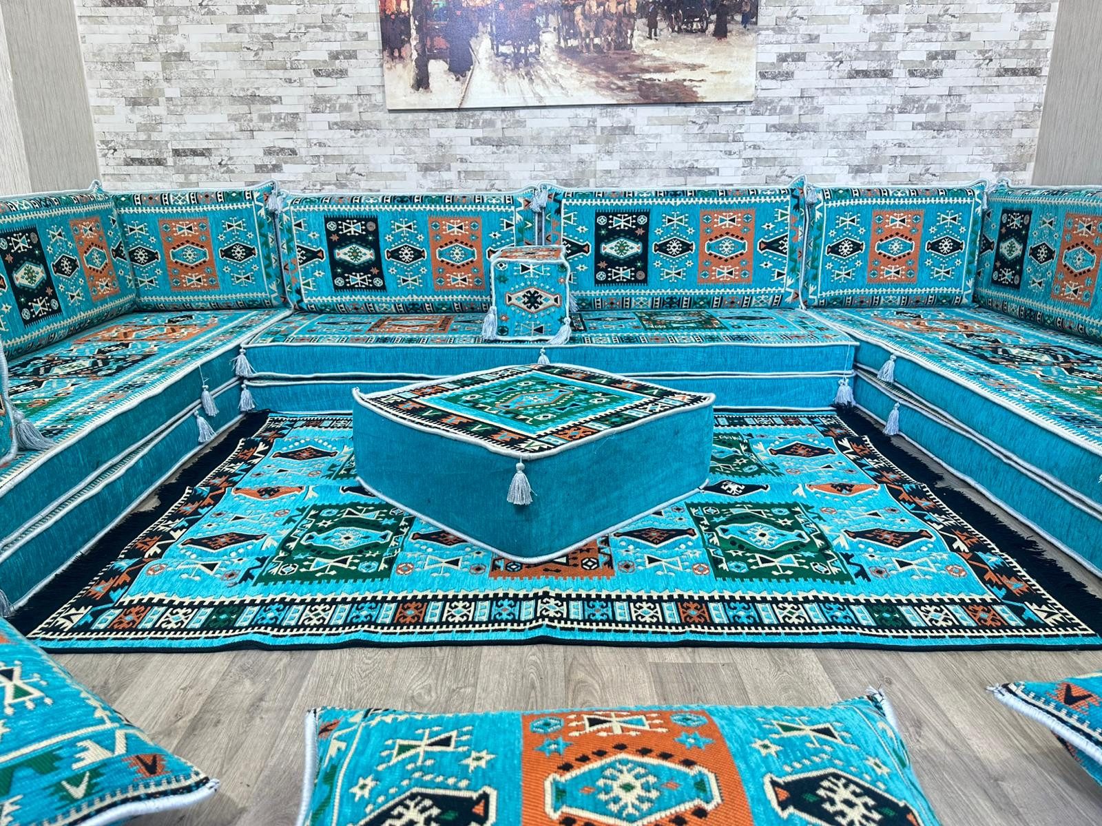 CaddeBuy Sofa Majlis, Orientalisches Sofa, Sitzkissen, Türkis-Milas-U-20, 22 Teile