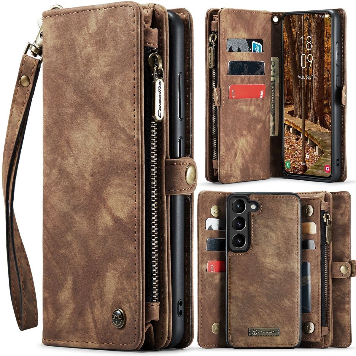Wigento Handyhülle Für Samsung Galaxy S23 Plus Multifunktion Teilbare Handy Tasche Geldbörse Hülle Etuis Braun