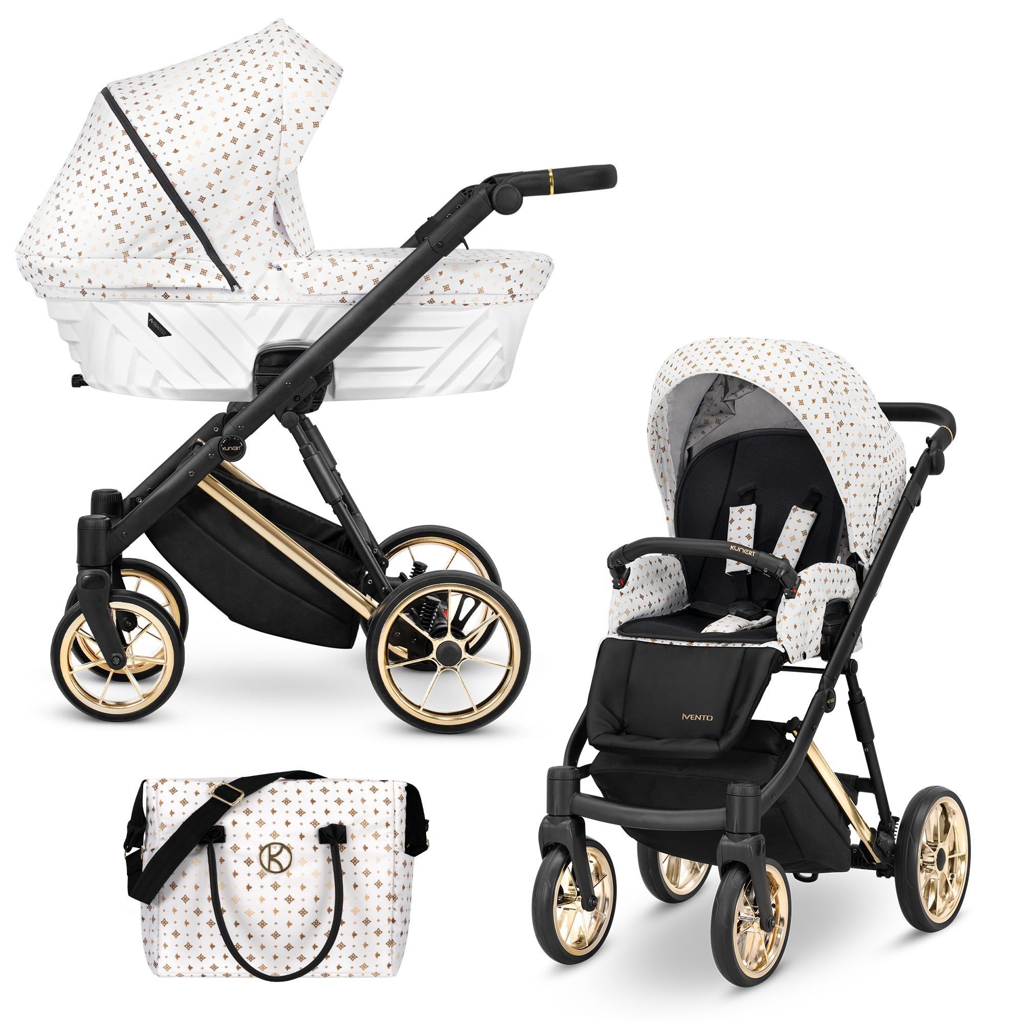 KUNERT Kombi-Kinderwagen Ivento Premium 2in1 Kinderwagen mit Goldrahmen, Leichtes Aluminiumgestell, große Räder für verschiedene Untergründe