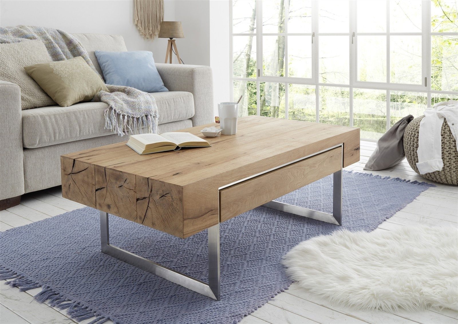 freiraum Couchtisch BIRMINGHAM, Schublade, Eiche furniert / Edelstahl-Optik - 110x40x60 (BxHxT)