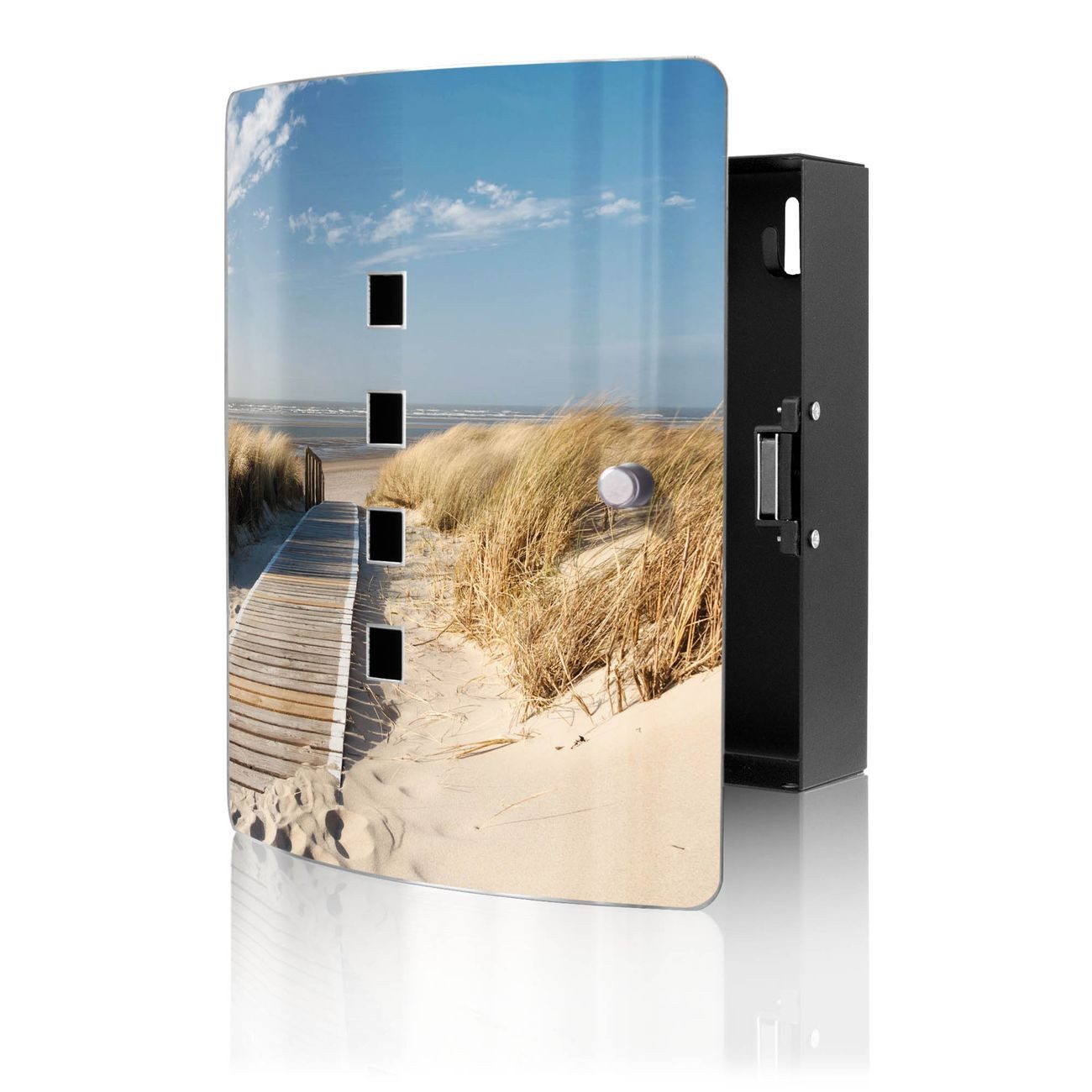 banjado Schlüsselkasten Edelstahl mit Motiv Dünen (verstellbarer Magnetverschluss, mit 10 Haken, gebogene Tür, einstellbarer Magnet), 24 x 21,5 x 7 cm