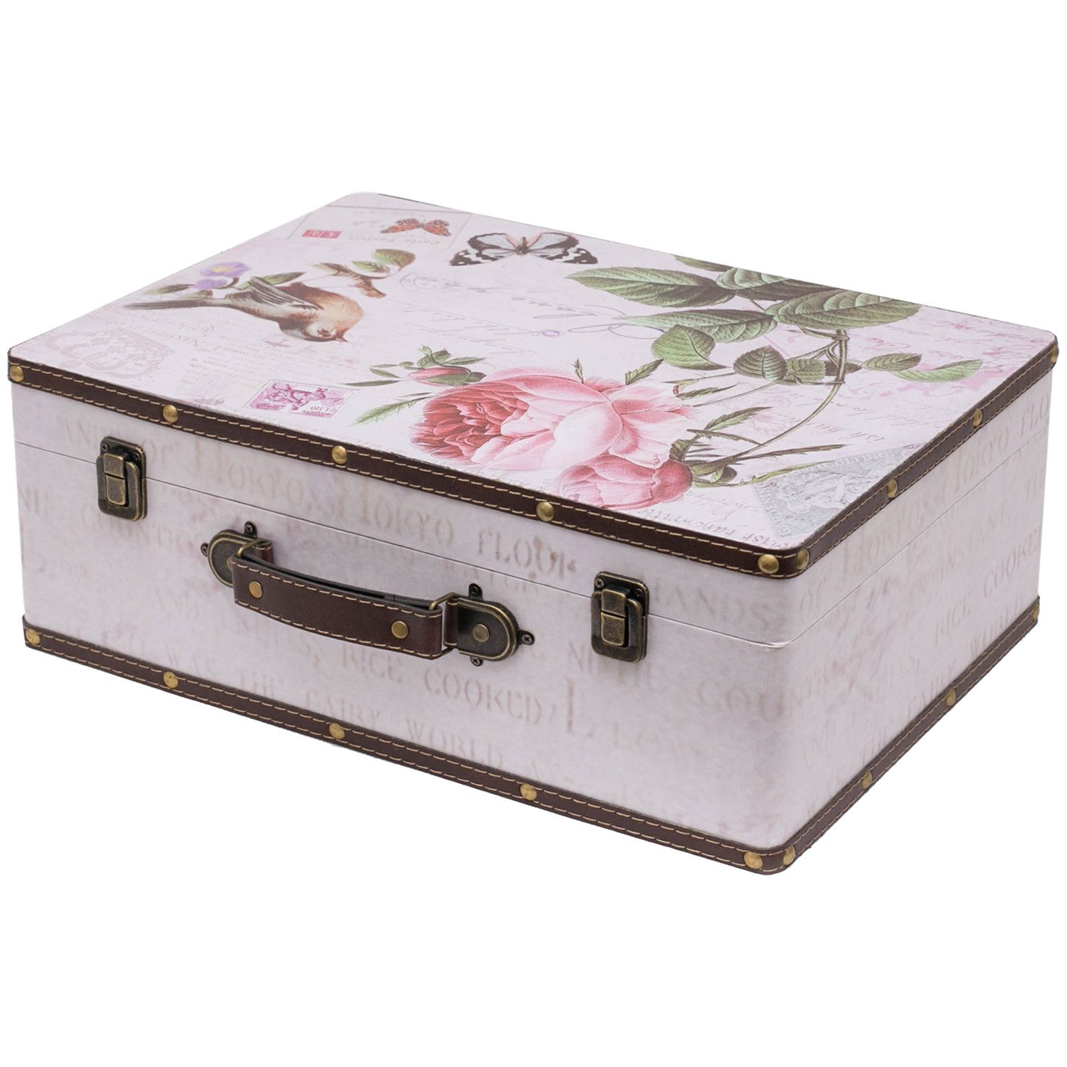 HMF Aufbewahrungsbox Handgefertigter Vintage Koffer aus Holz, Deko Koffer, Geschenkkoffer im Rosen Design, 44 x 32 x 16 cm