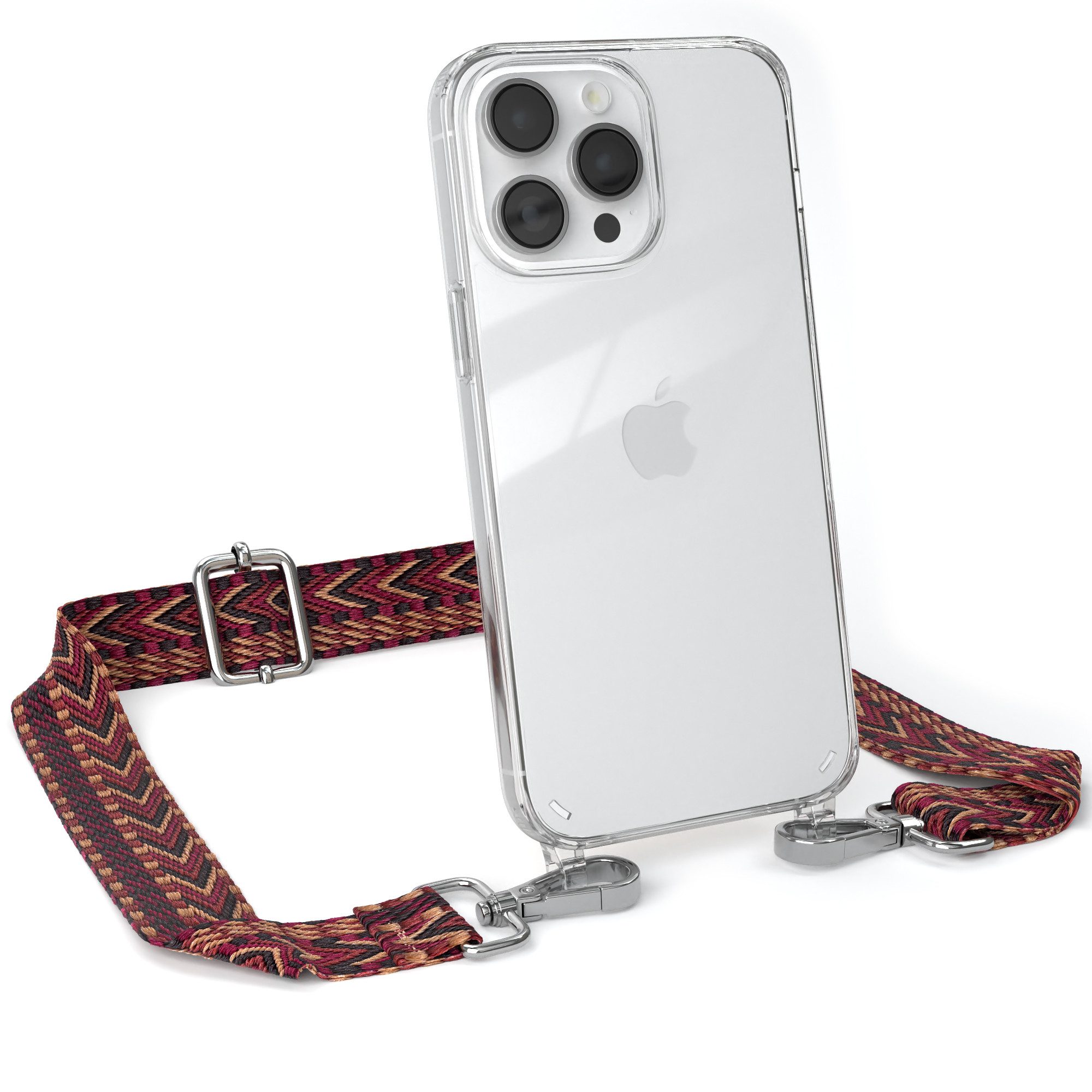 EAZY CASE Handykette Boho Umhängeband für Apple iPhone 14 Pro Max 6,7 Zoll, dünner Riemen Silikon Hülle zum Umhängen Umhängetasche schmal Etui Rot