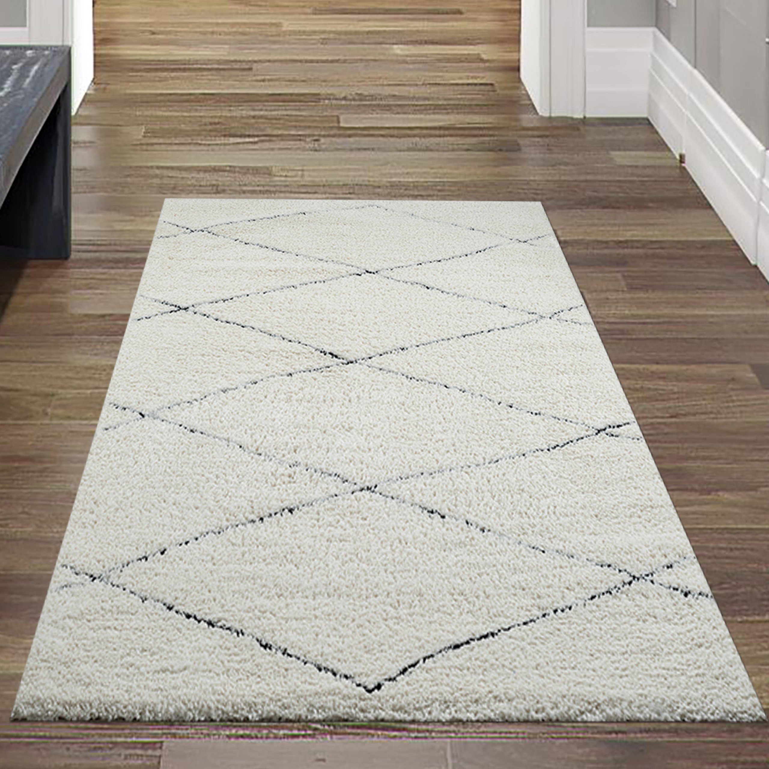 Teppich Skandinavisch Hochflor Wohnzimmerteppich Rautenmuster schwarz weiß, Teppich-Traum, rechteckig, Höhe: 30 mm
