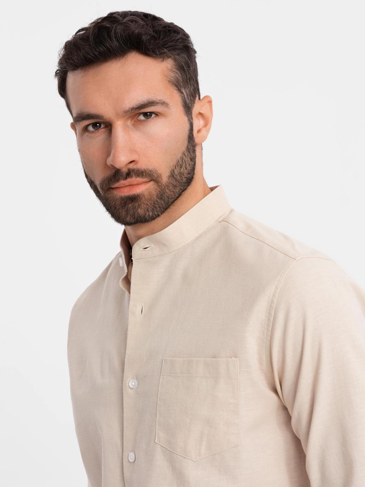 OMBRE Langarmhemd Herren Leinenhemd mit Stehkragen günstig online kaufen