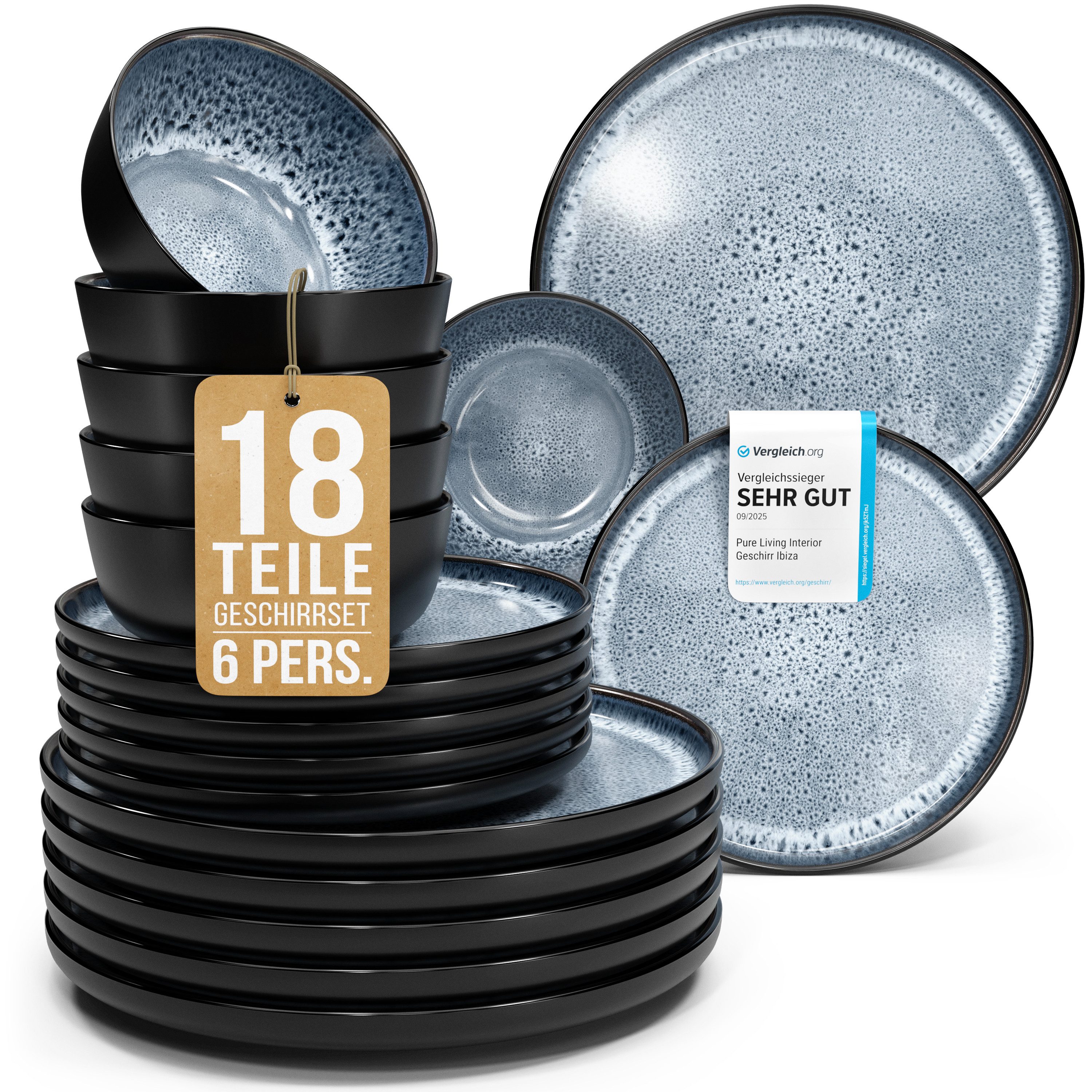 PURE LIVING INTERIOR DESIGN Geschirr-Set Ibiza aus Steingut, 18-tlg., für 6 Personen, Graublau (18-tlg), 6 Personen, Steingut